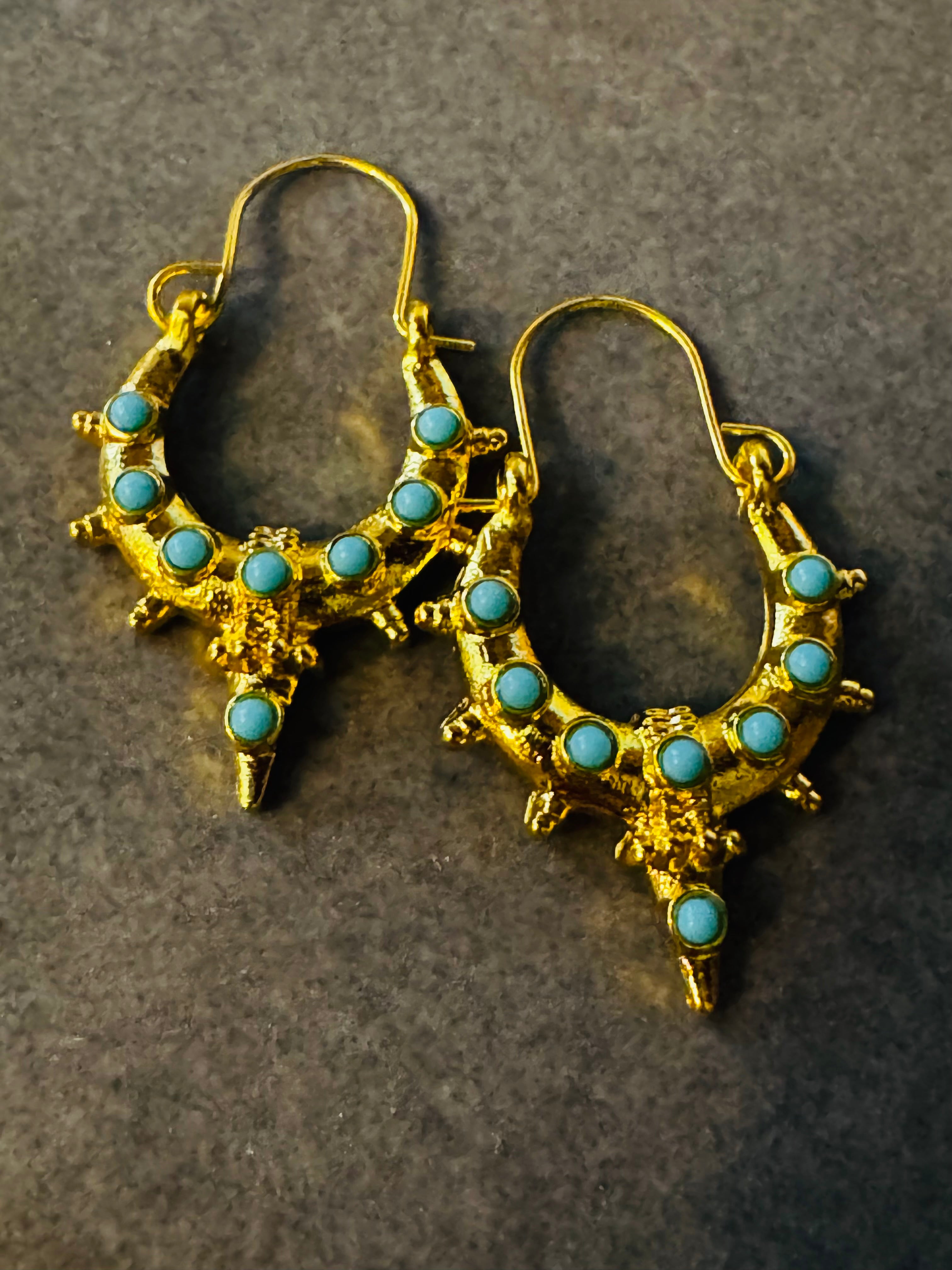Etruscan Gold Plated Turquoise Blue Statement Hoop Earrings
