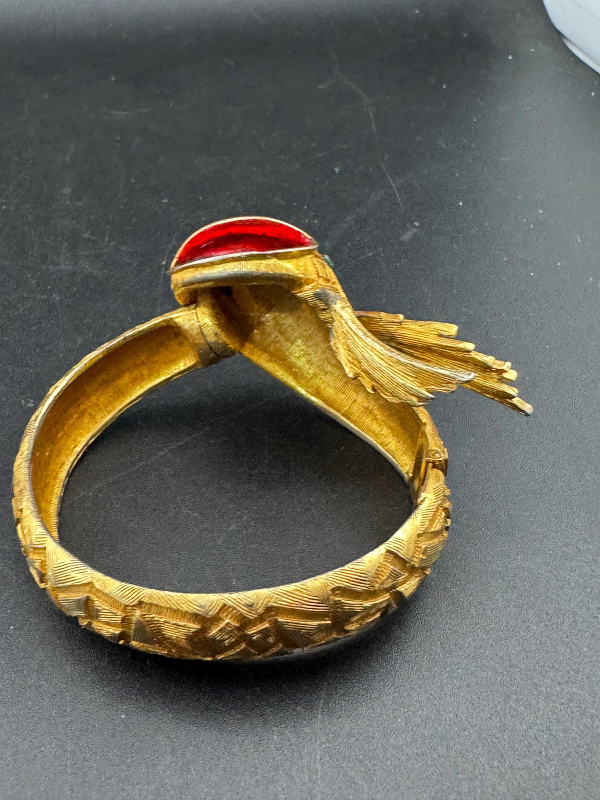 Vintage Serpent Bangle - Red Enamel, Emerald Rhinestones, Gold