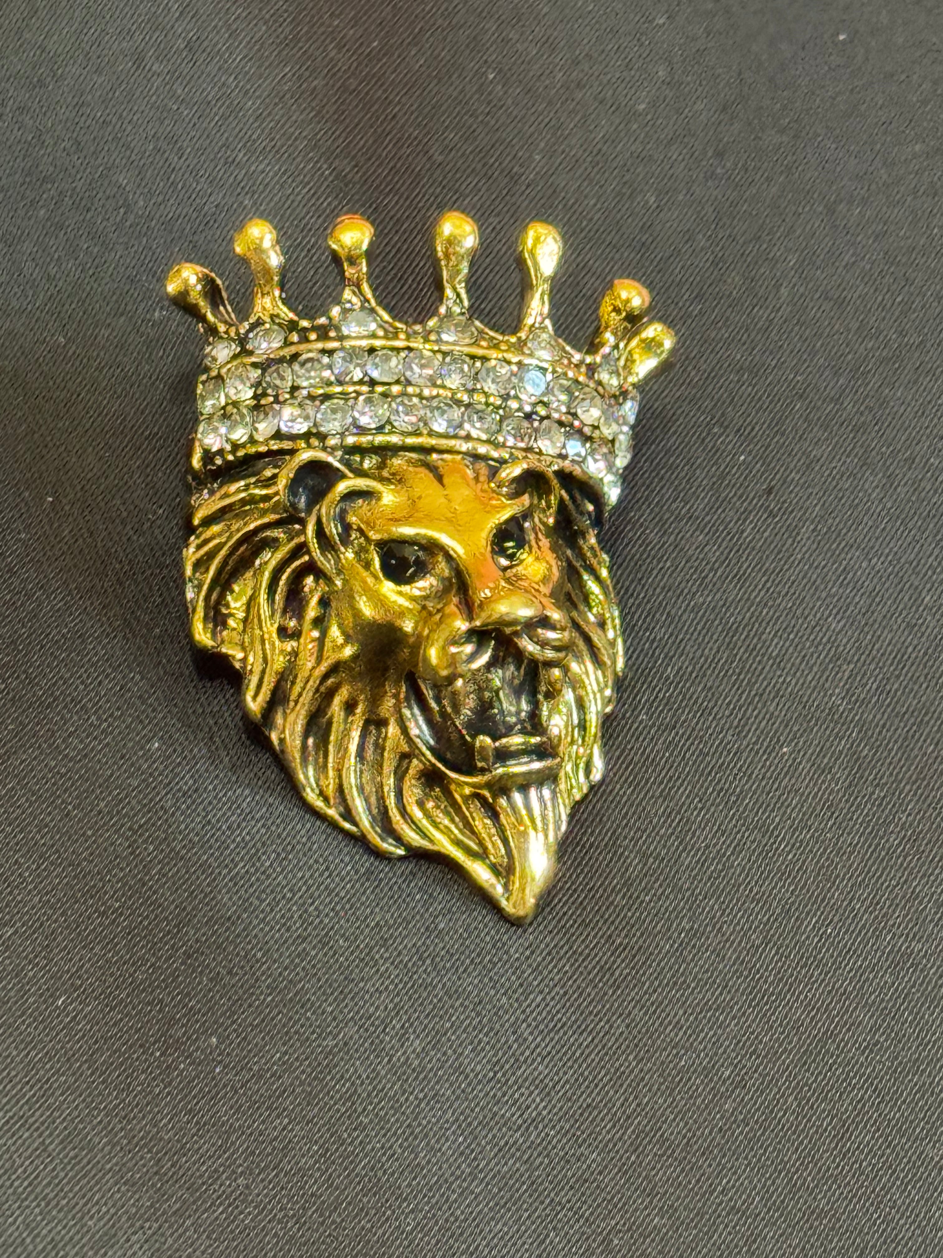 Crystal royal crown gold lion brooch, antique gold tone