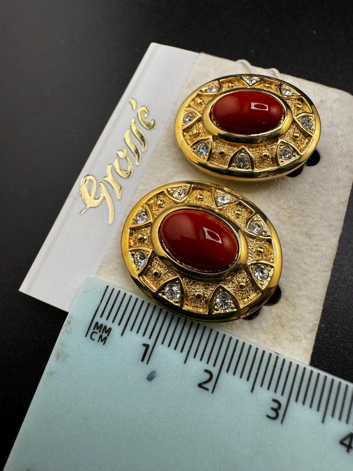 Vintage Grosse Earrings, Terracotta Cabochon, Clip On Gold Finish