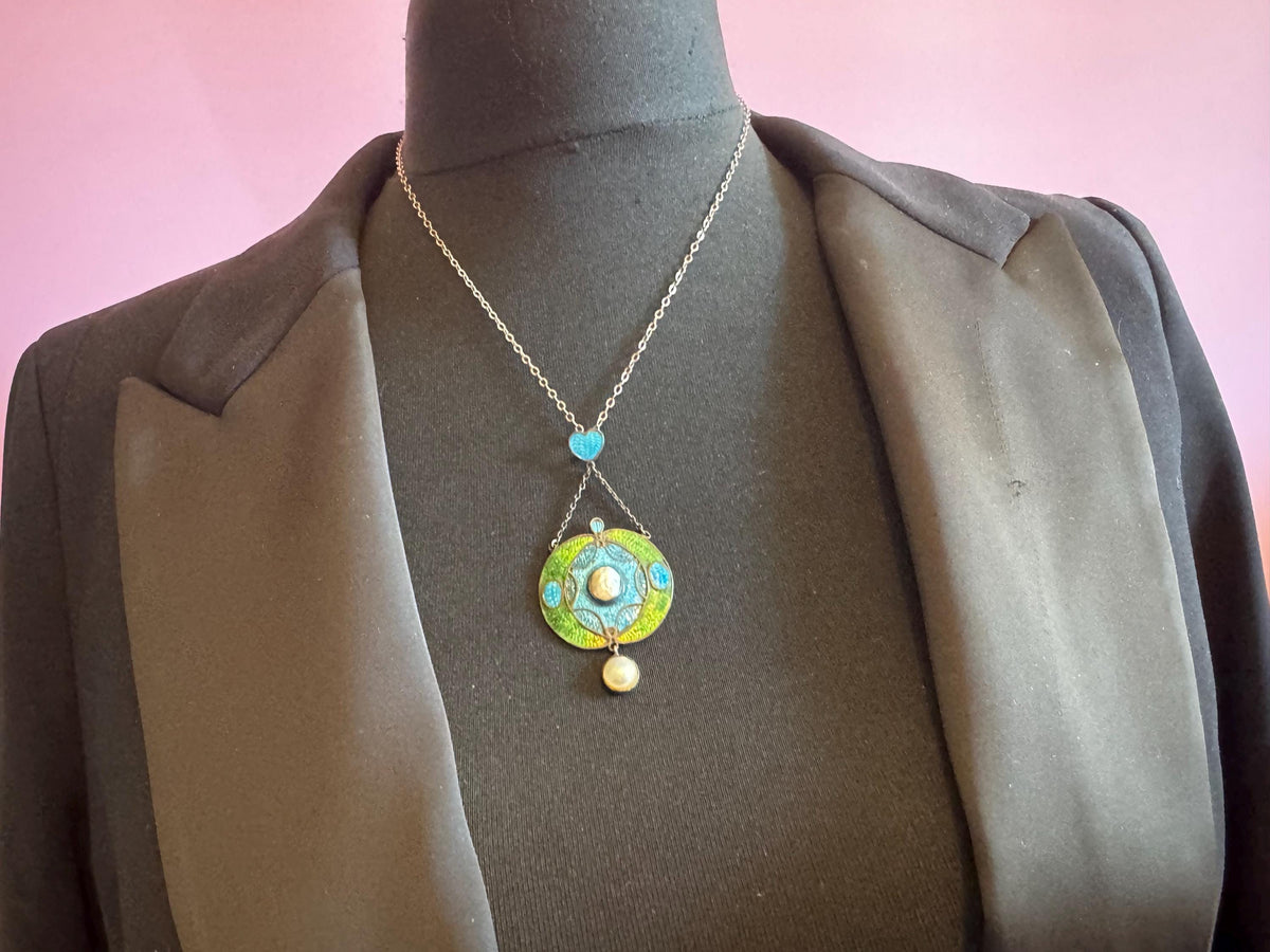 Art Nouveau Enamel Necklace, Antique Silver Pearl Guilloche Drop