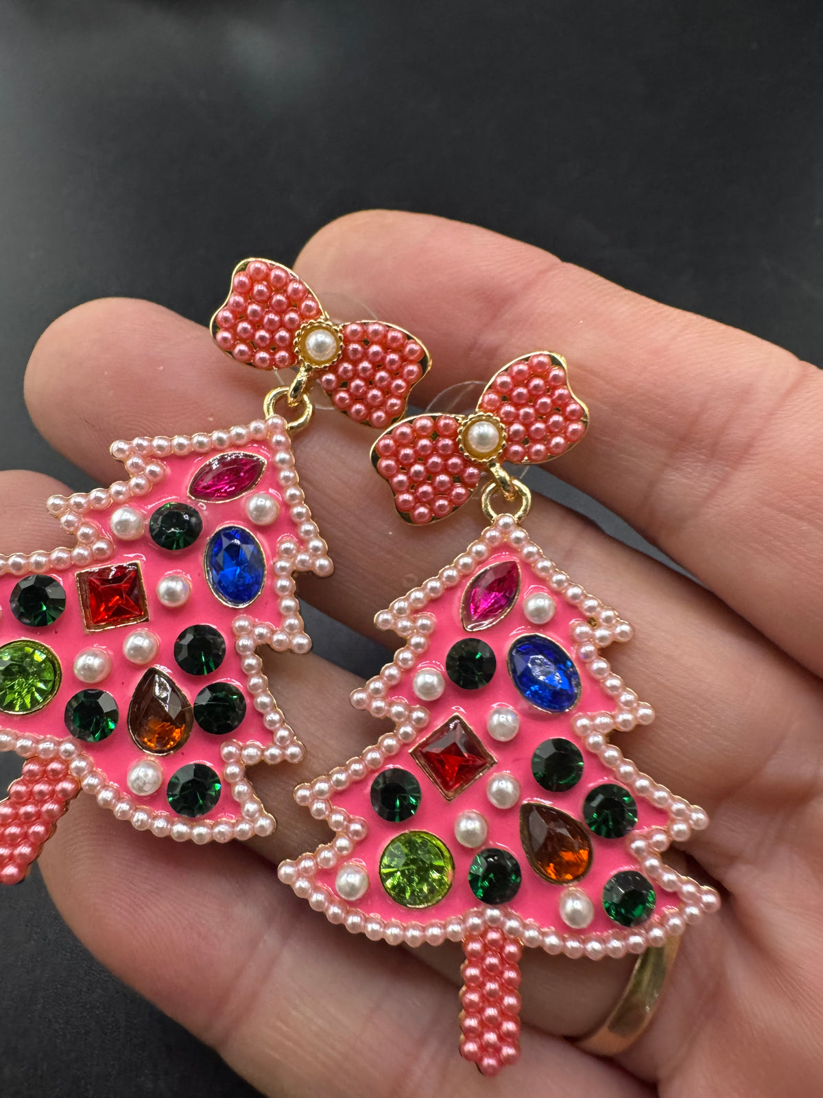 Oversized pink Christmas tree dangly earrings for pierced ears