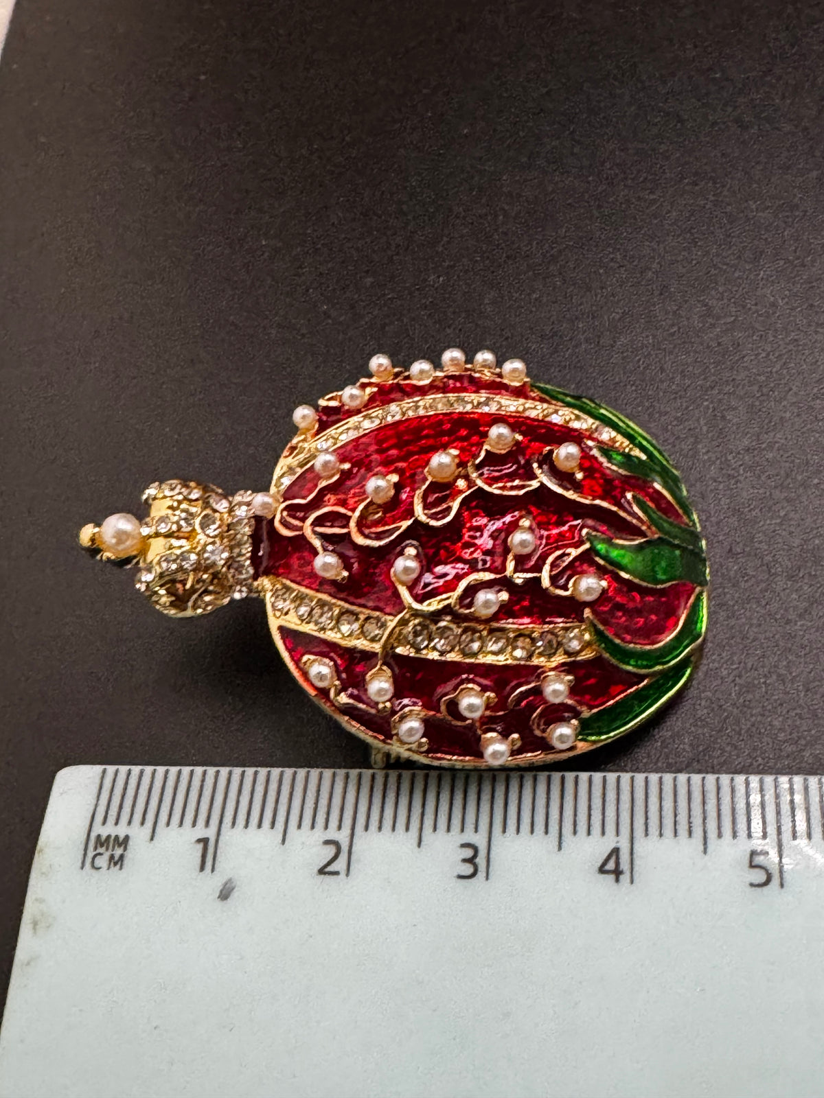 Red enamel Rhinestone pomegranate brooch, gold tone , festive jewellery