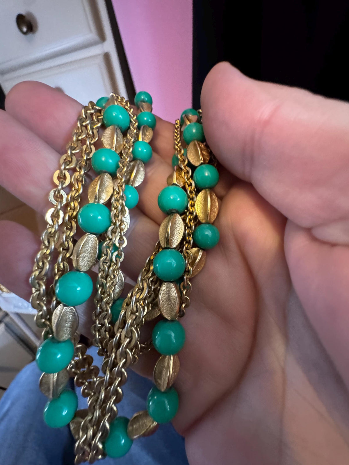 Vintage Crown Trifari Necklace, Green Beaded Multistrand, 1950s