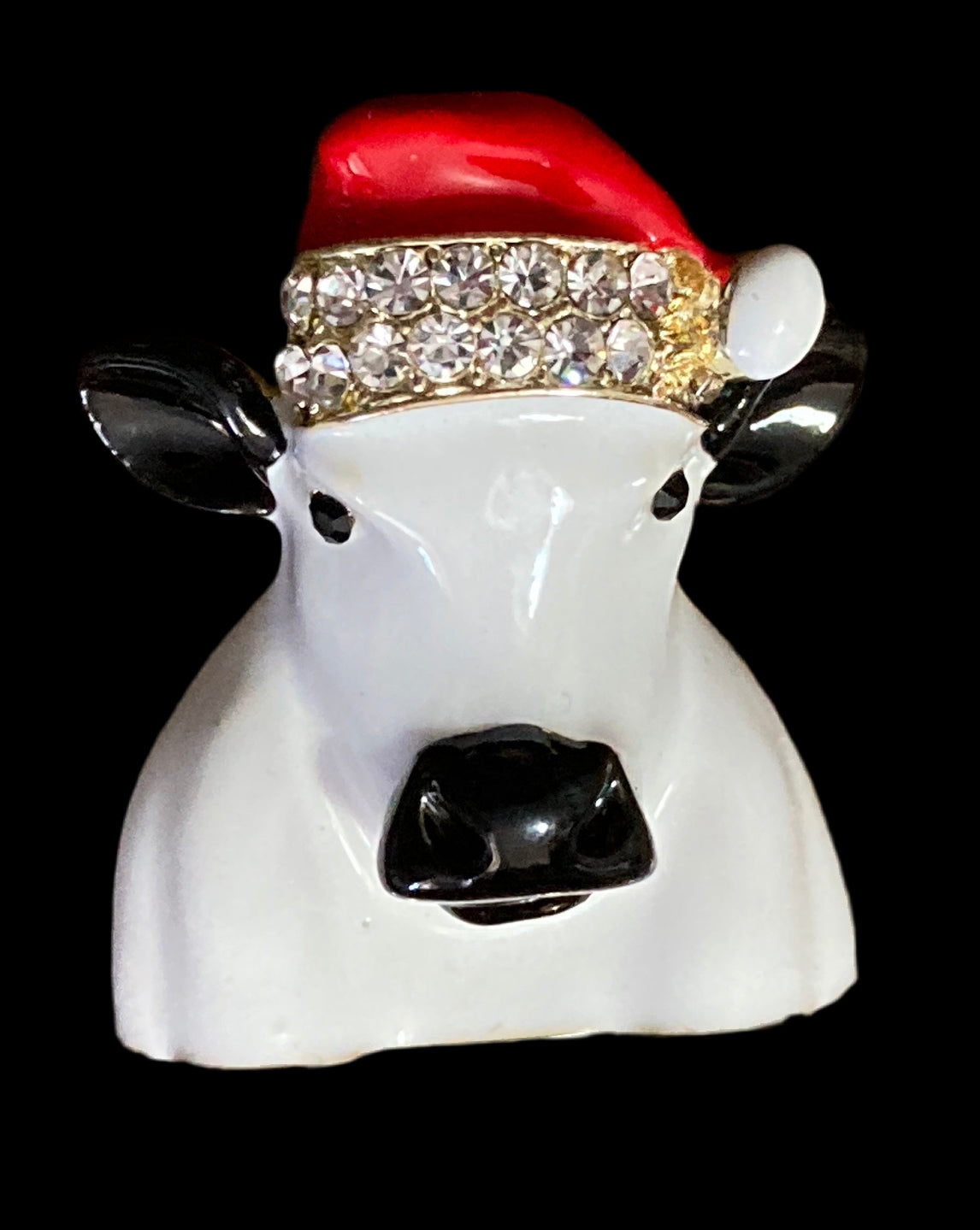 Christmas cow brooch, white enamel novelty Christmas hat with rhinestones, festive jewellery