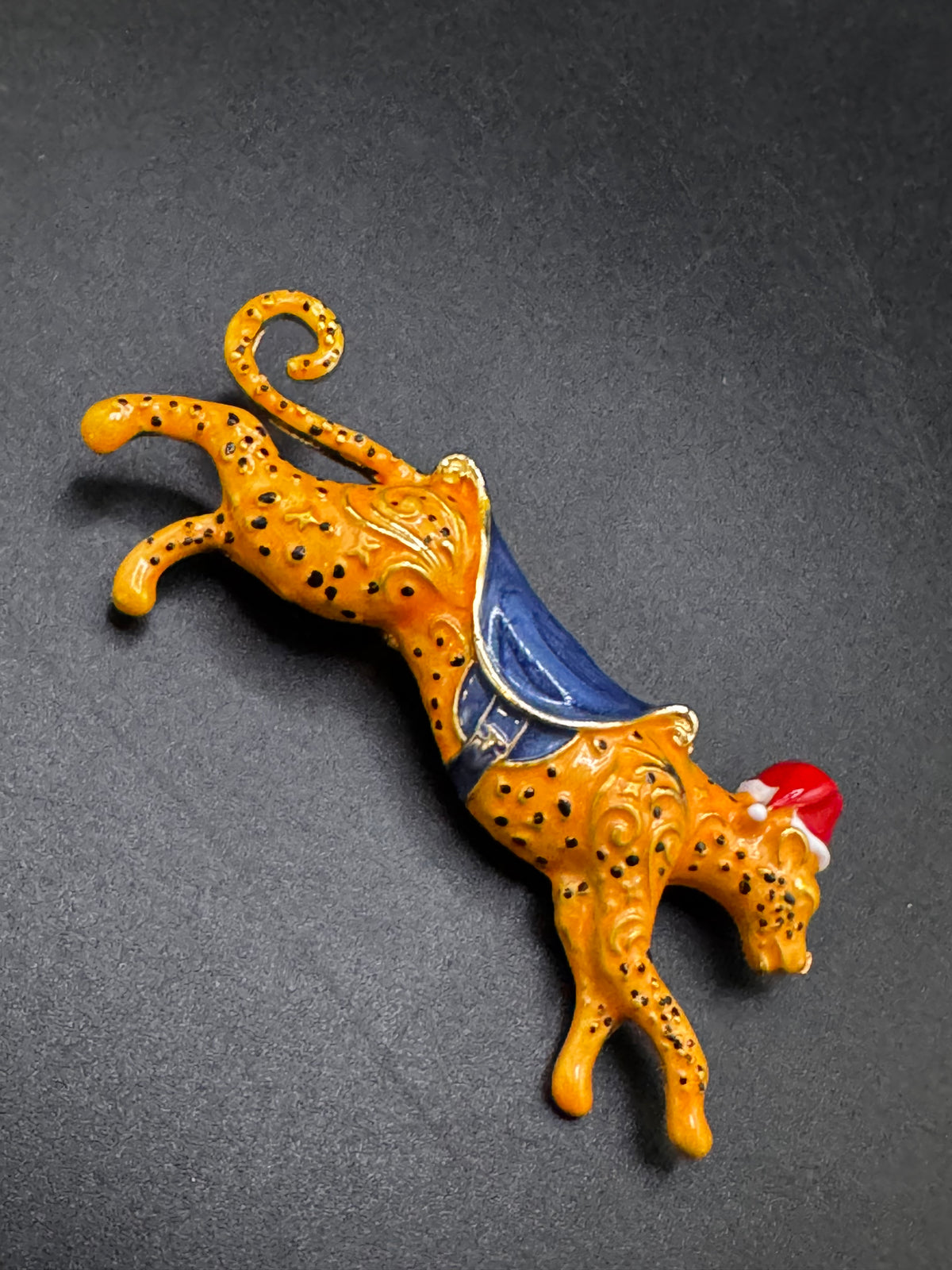 Novelty christmas enamel leopard brooch, big cat festive jewellery