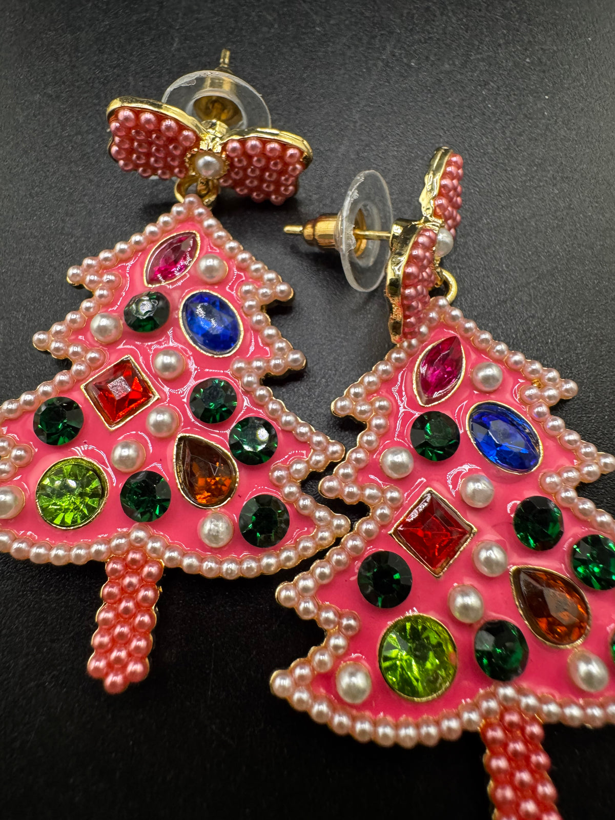 Oversized pink Christmas tree dangly earrings for pierced ears