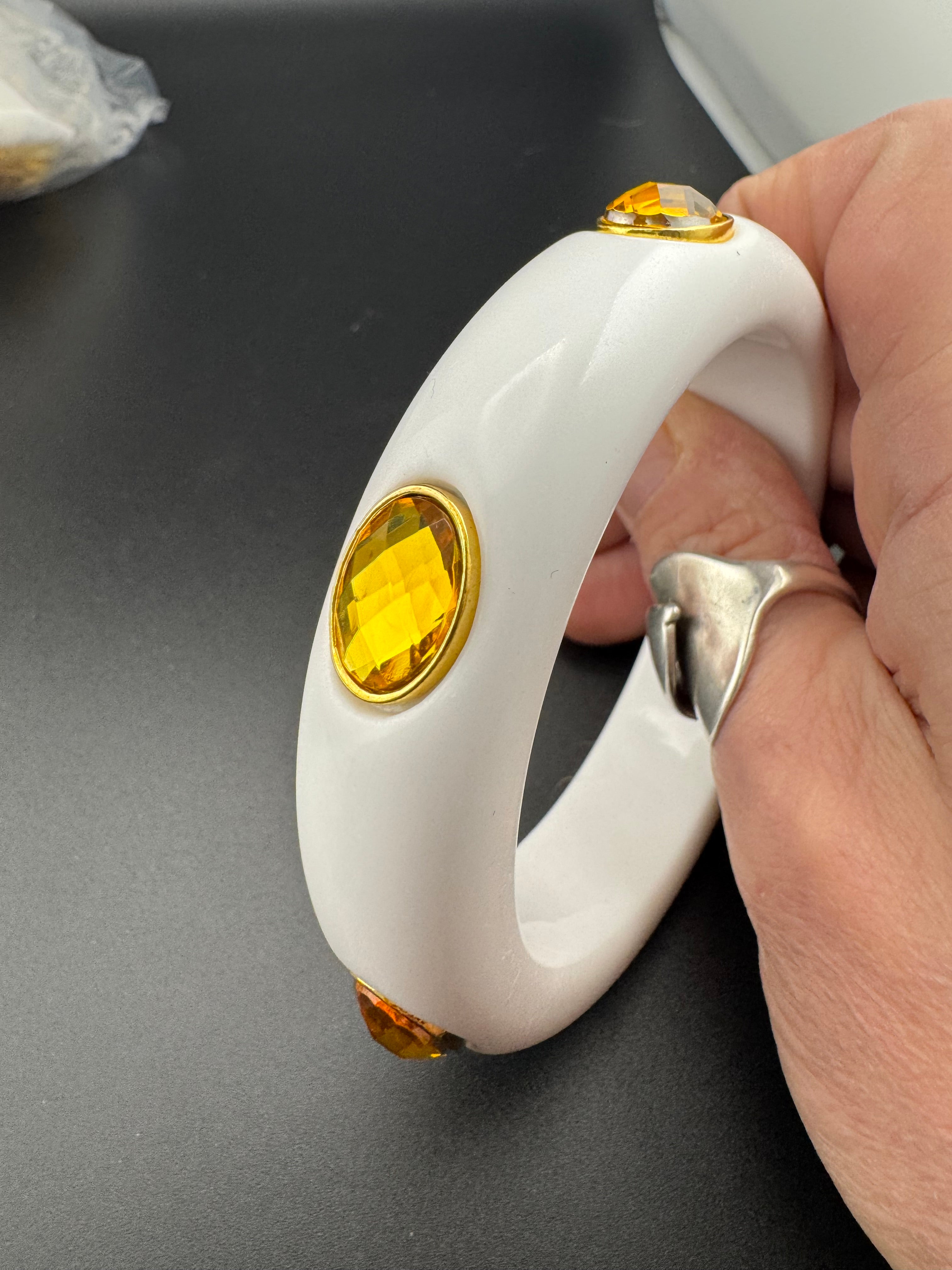 White acrylic wide Bangle with topaz Crystal