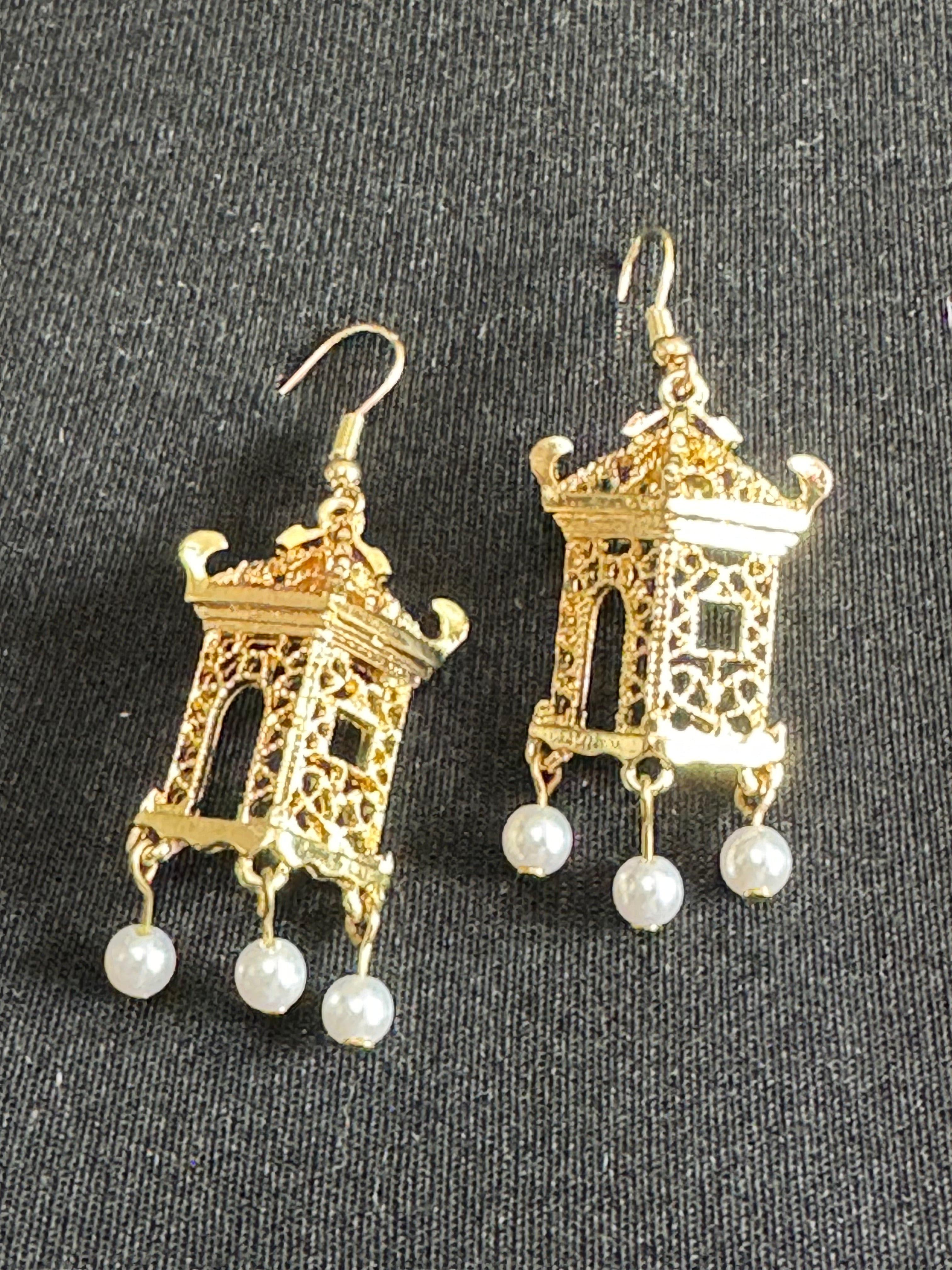 Far Eastern Chinese pagoda gold tone faux pearl drop earrings