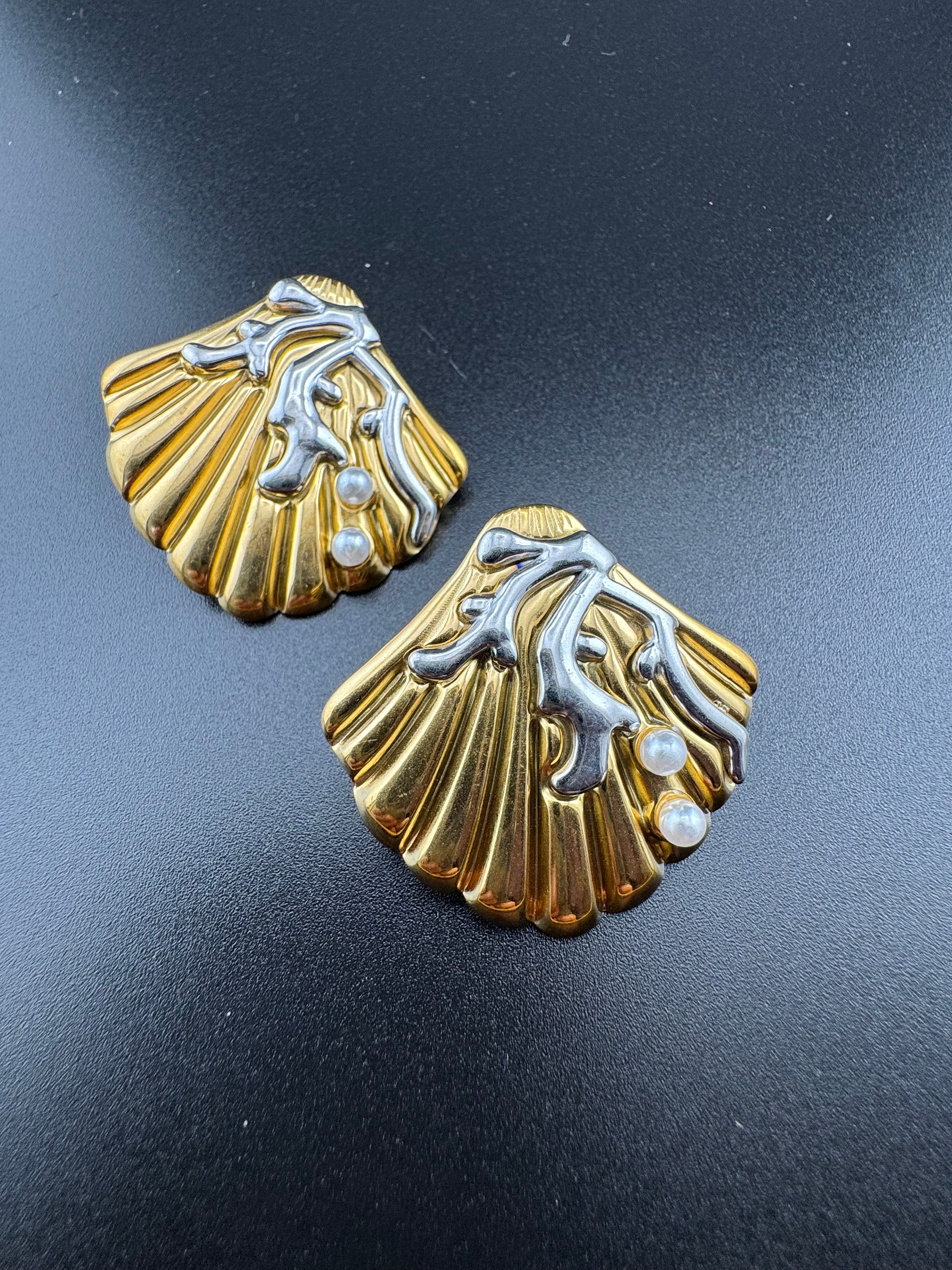 Nautical gold and silver-toned pearl seashell earrings,  pierced.