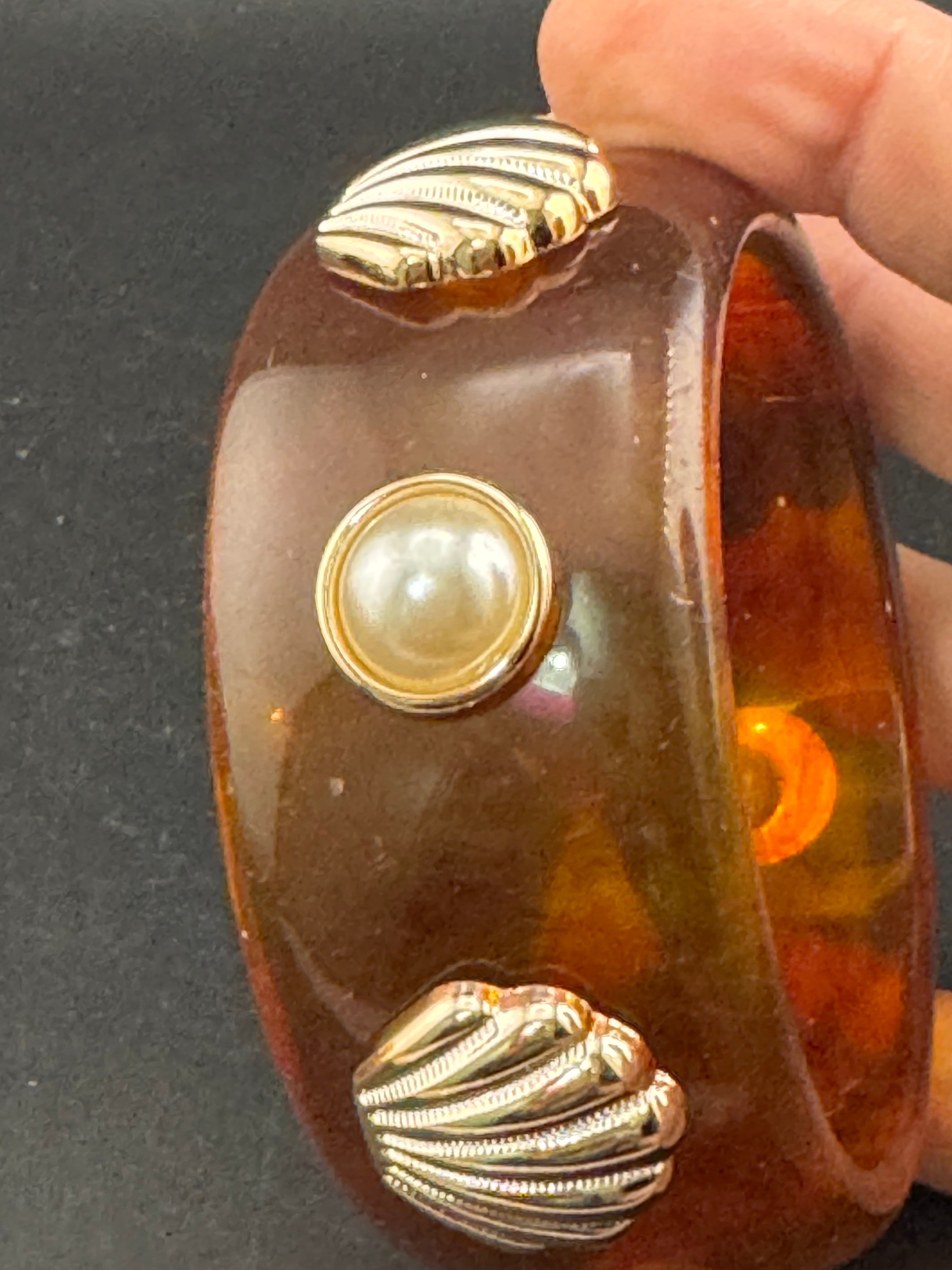 Nautical gold seashell faux tortoiseshell wide brown acrylic pearl plastic bangle bracelet