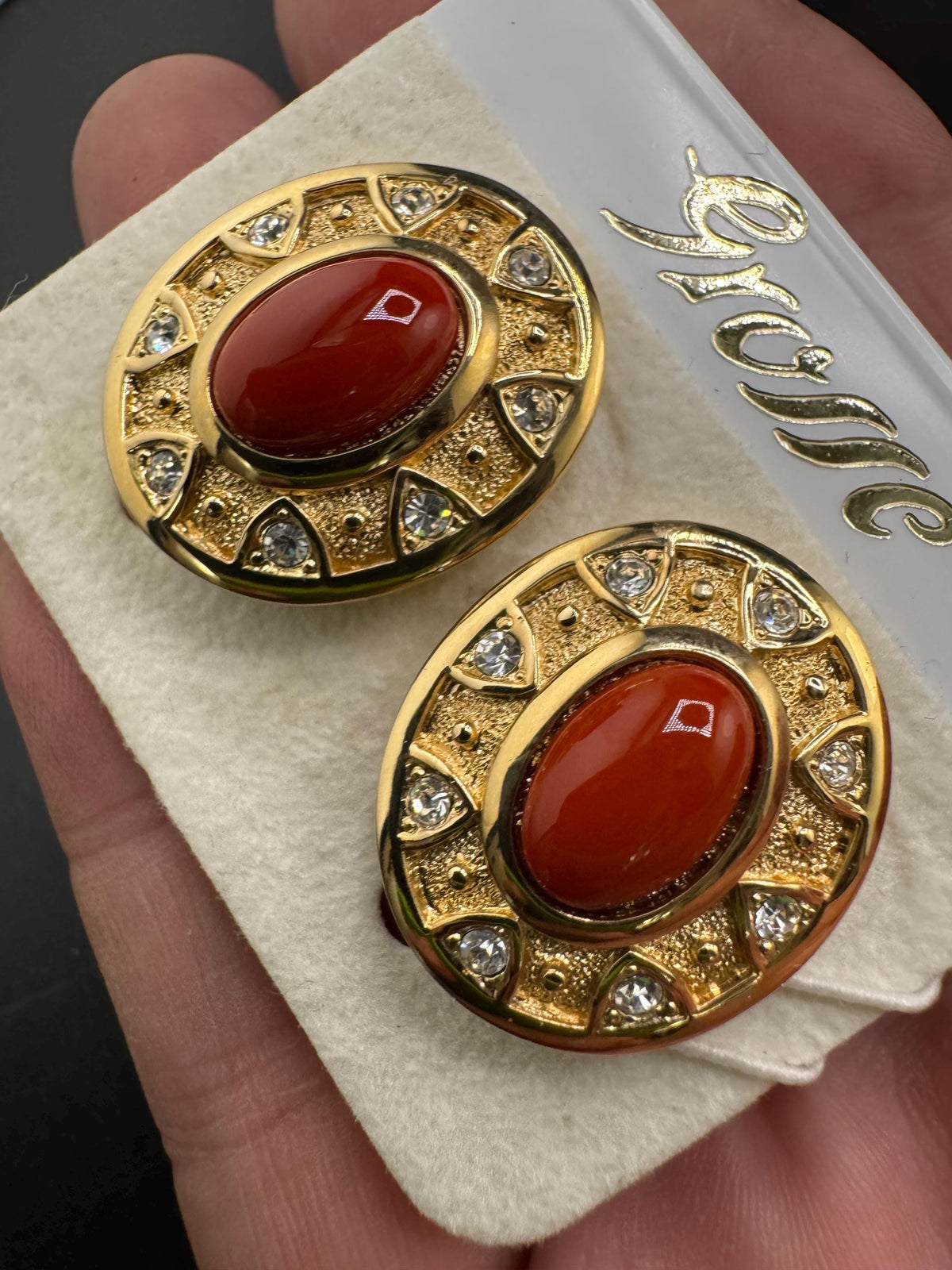 Vintage Grosse Earrings, Terracotta Cabochon, Clip On Gold Finish