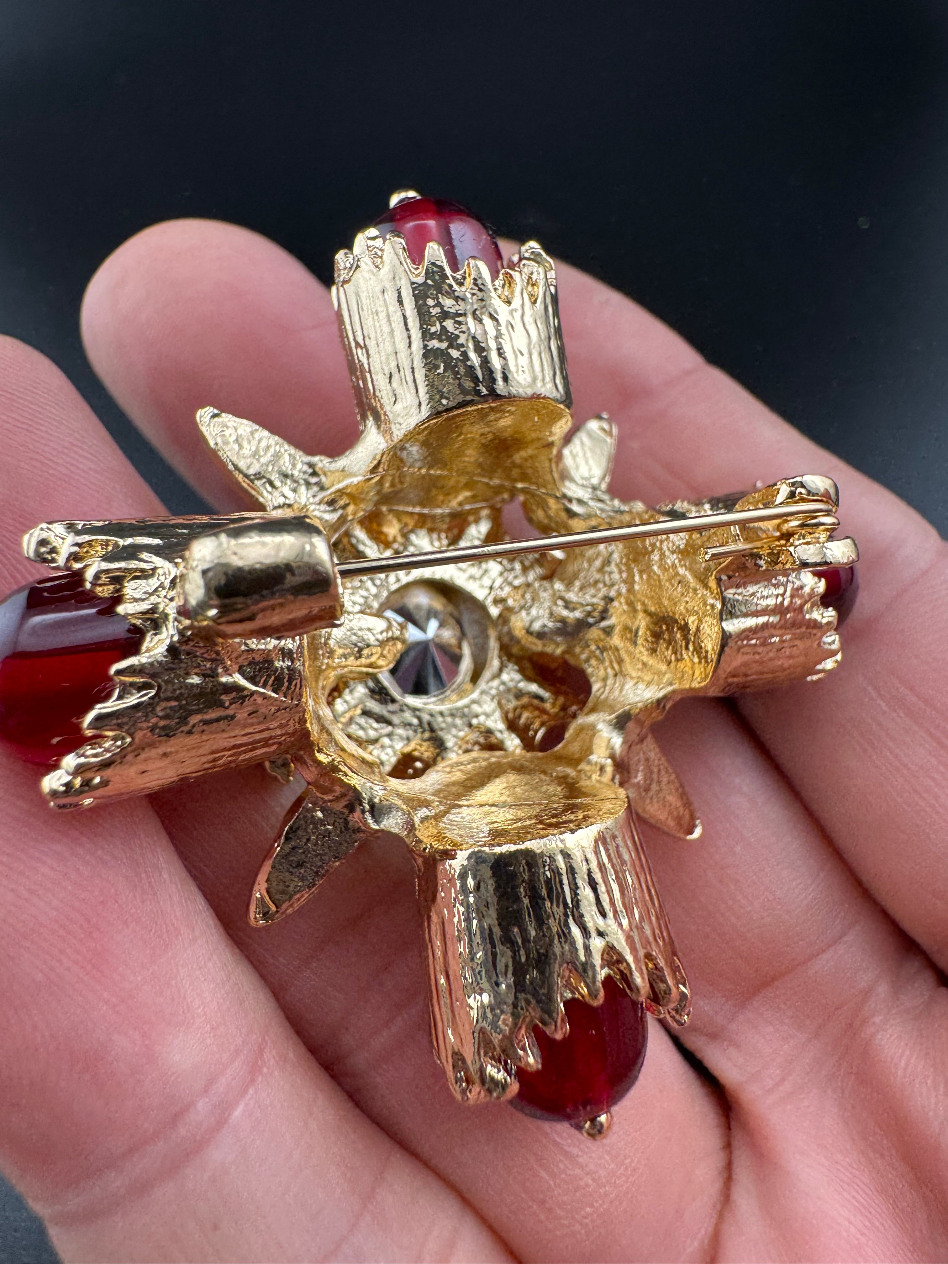 Statement Medieval style gold ruby rhinestone cross brooch