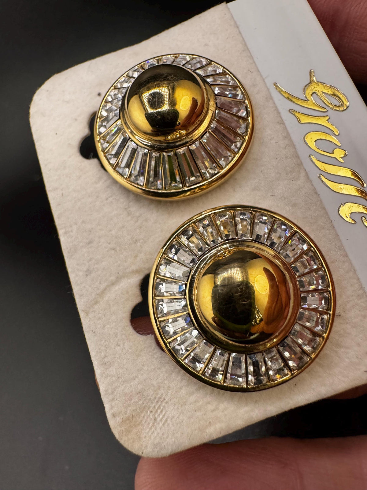 Grosse Clip On Earrings, Clear Baguette Rhinestone Round, Gold Plated