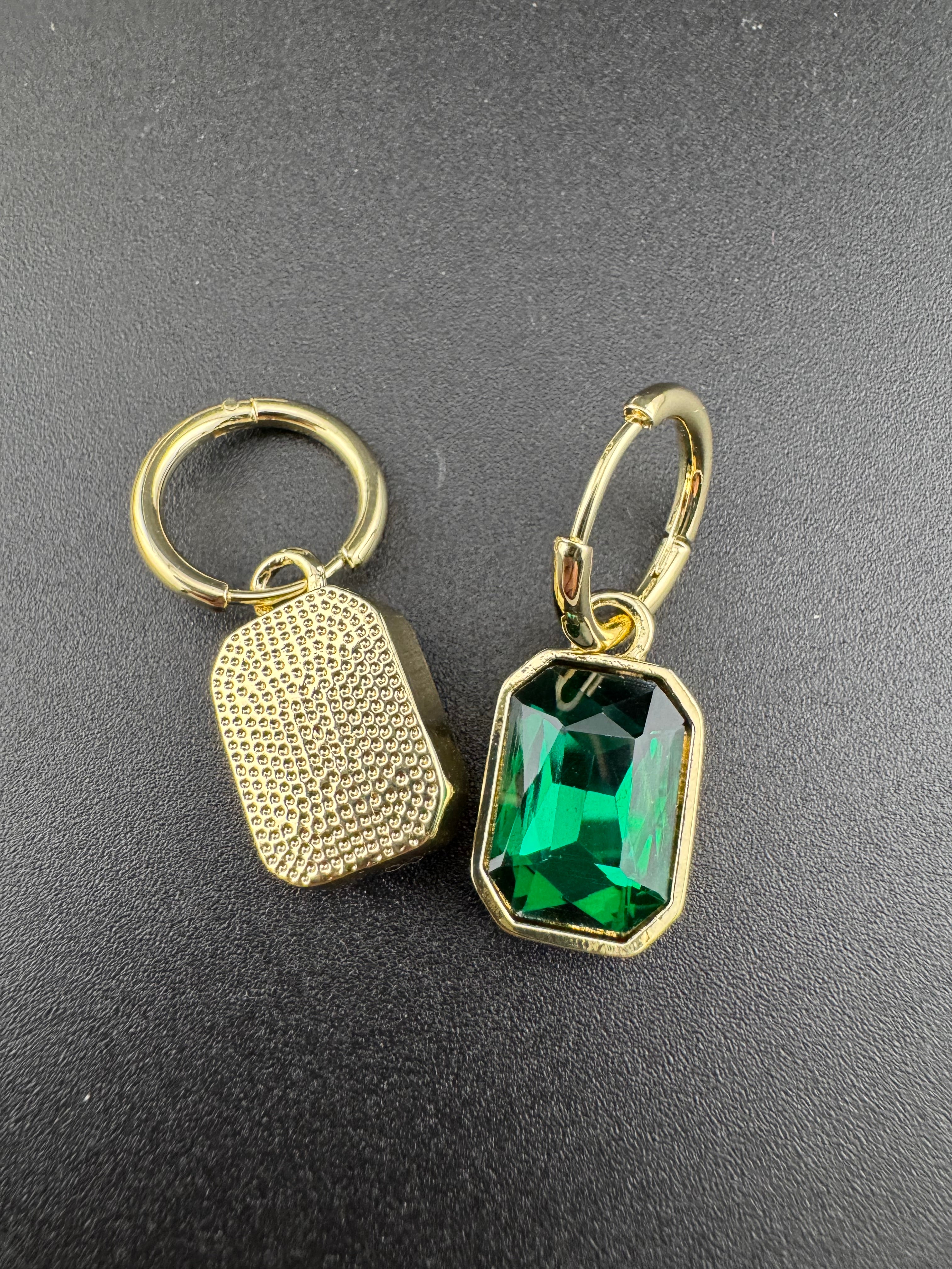 Emerald green diamond glass crystal octagonal charm small hoop earrings pierced, gold plated