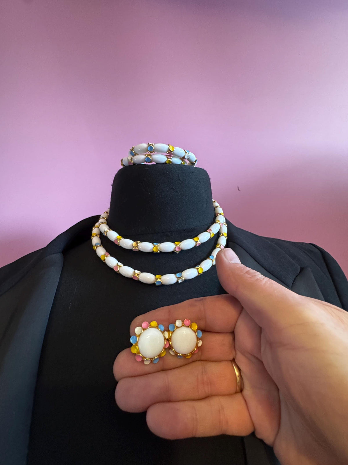 Signed Trifari Parure, Milk Glass Pastel Necklace, Bracelet Set