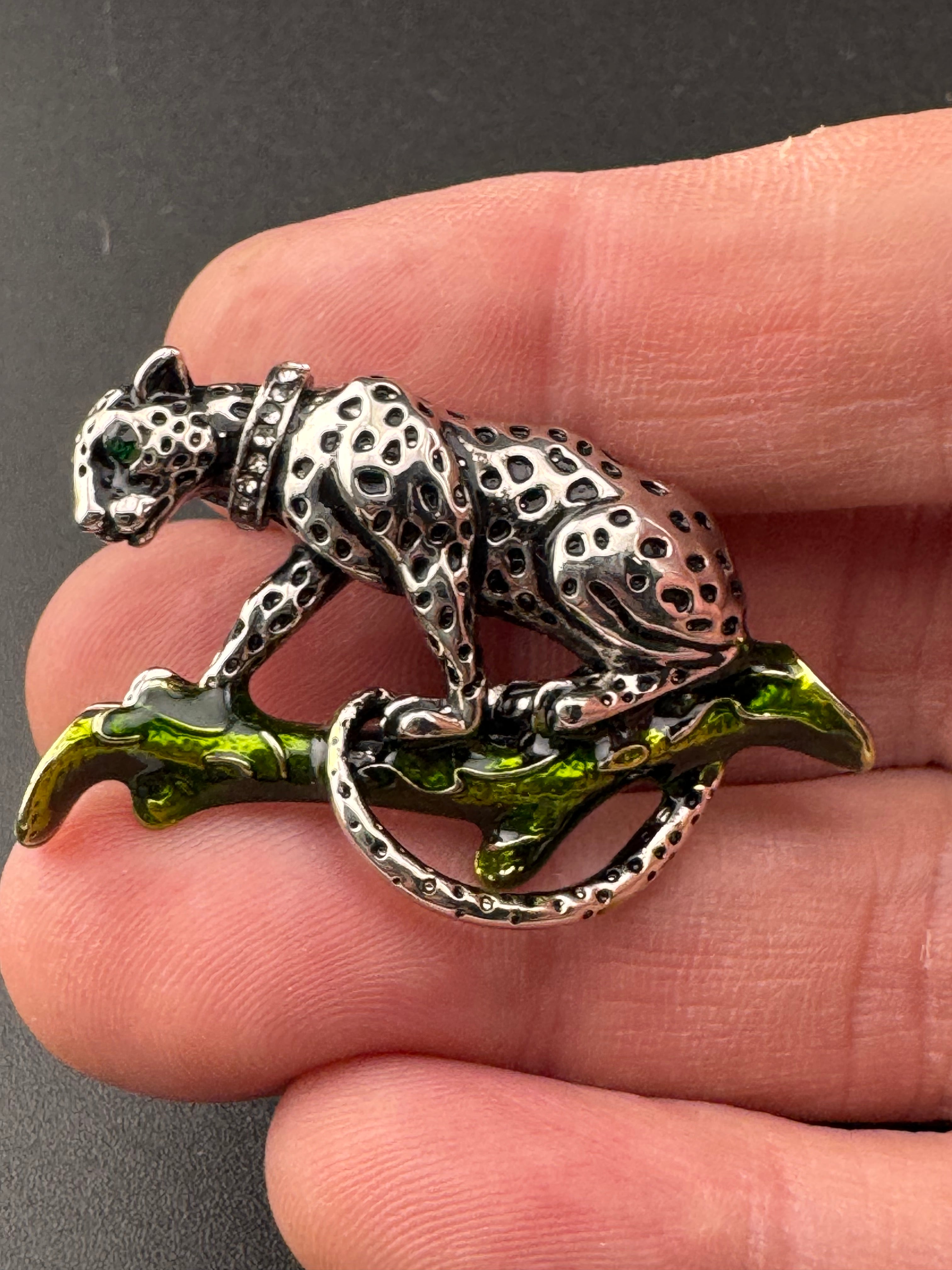 green enamel rhinestone silver tone Big Cat leopard brooch for coat