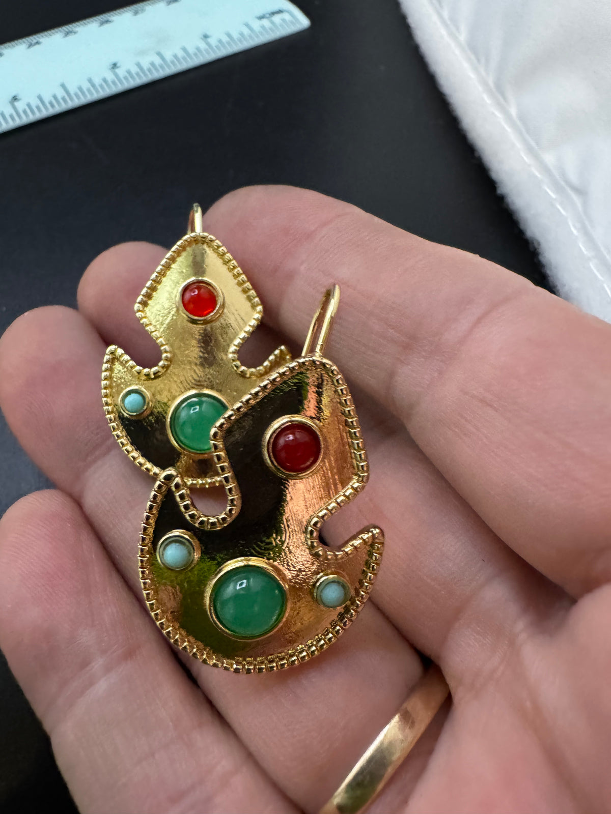 Etruscan style red and green cabochon drop earrings for pierced ears