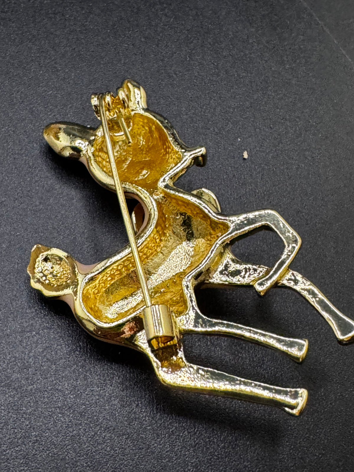 Pink enamel christmas reindeer brooch, gold tone , festive jewellery