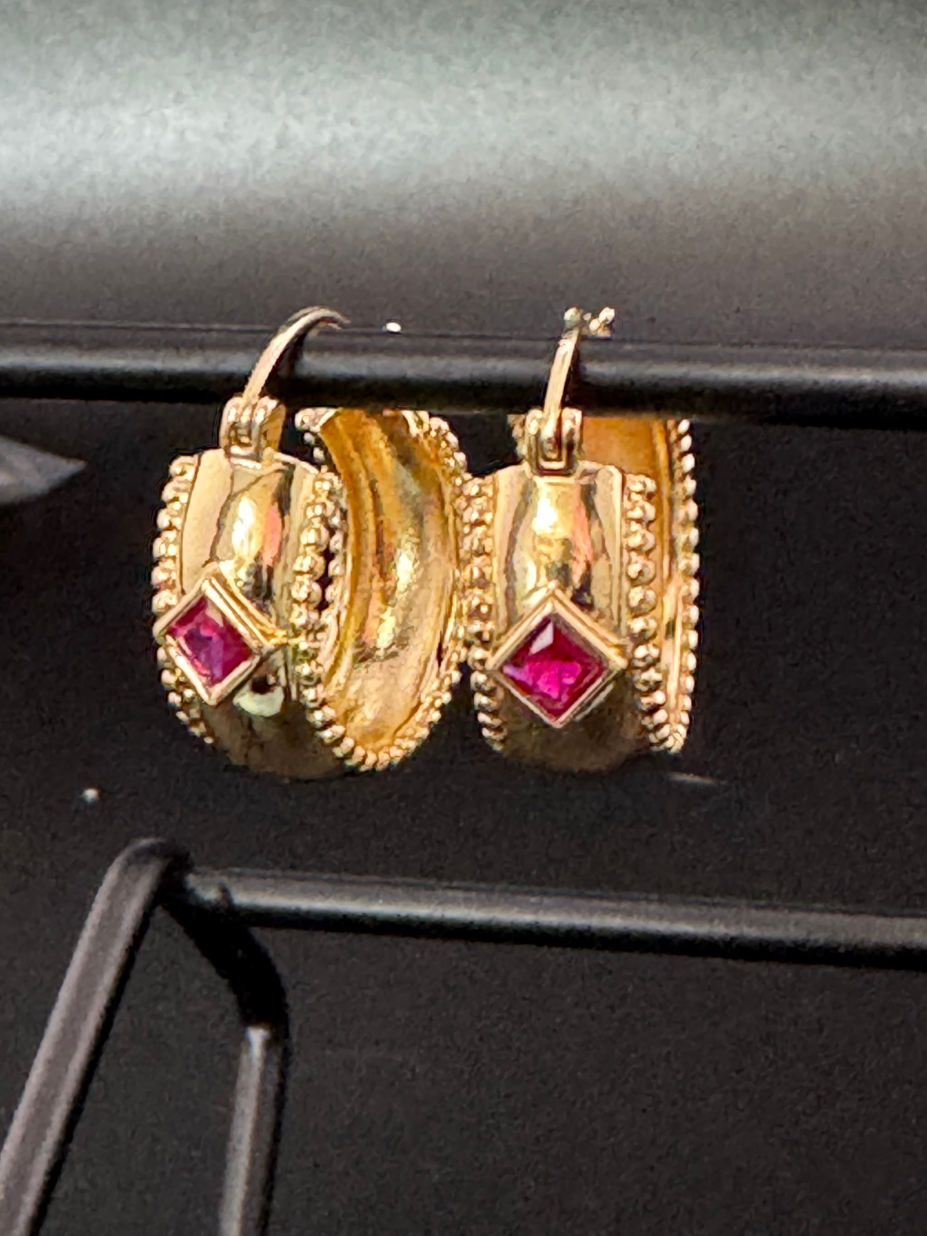Wide crystal gold hoop earrings with pink emerald and tourmaline crystals