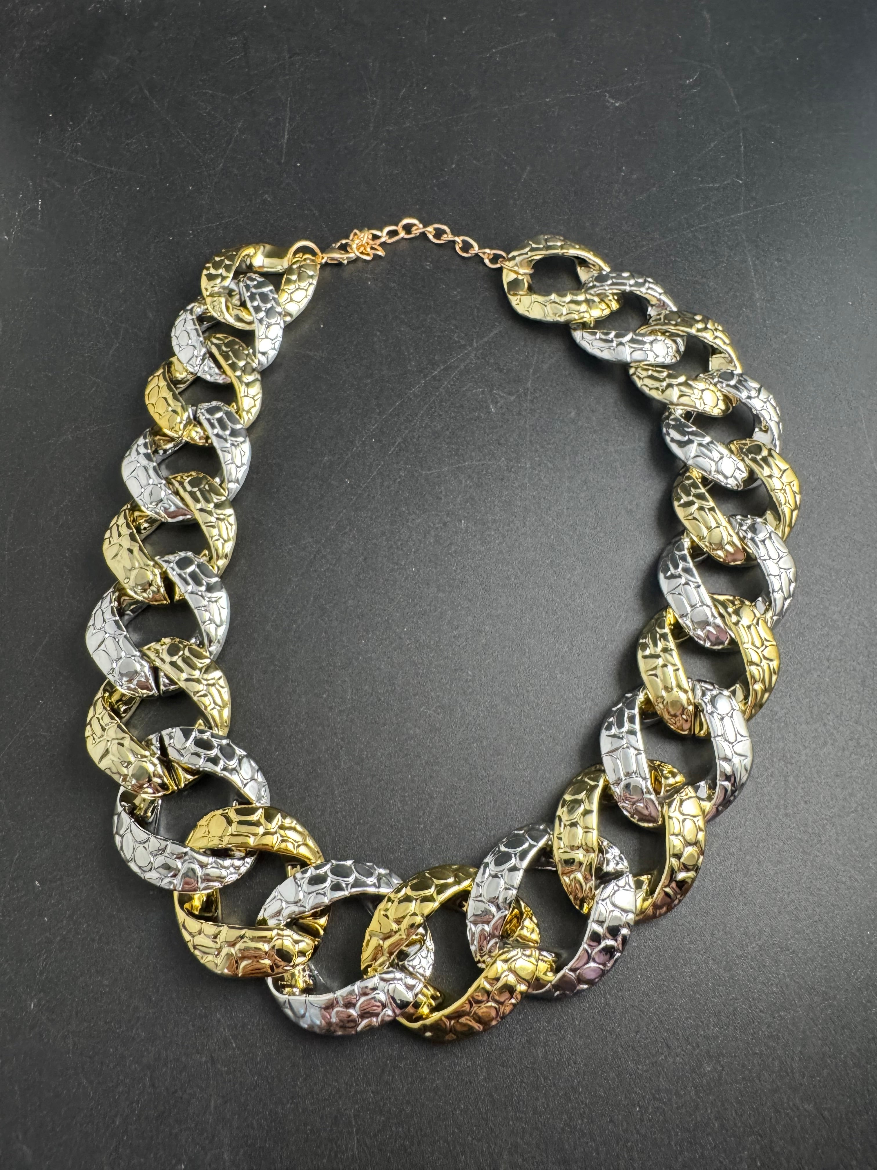 Chunky acrylic gold and silver curb link choker necklace, oversized jewellery