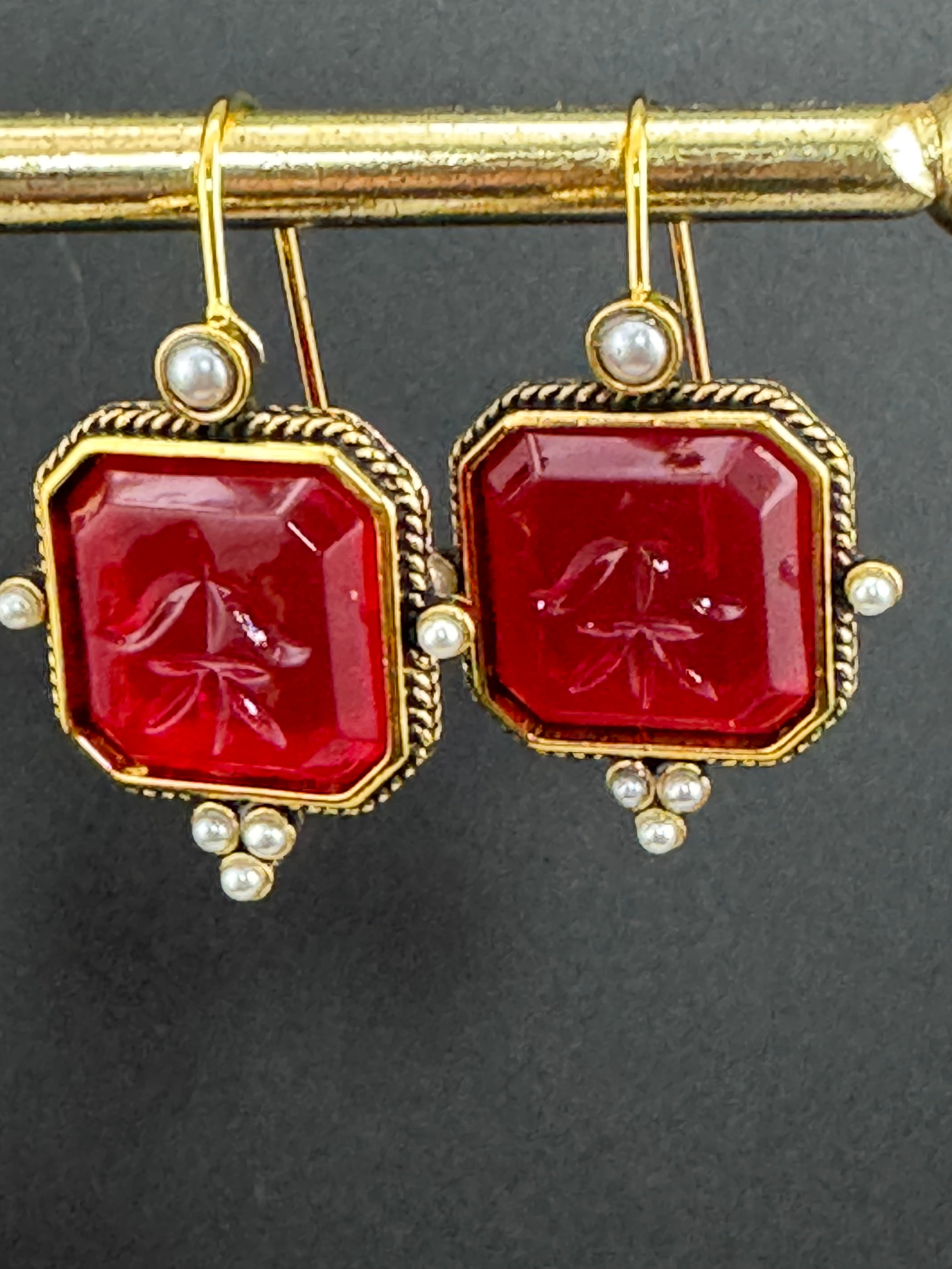 Victorian style emerald ruby and sapphire seed pearl drop earrings