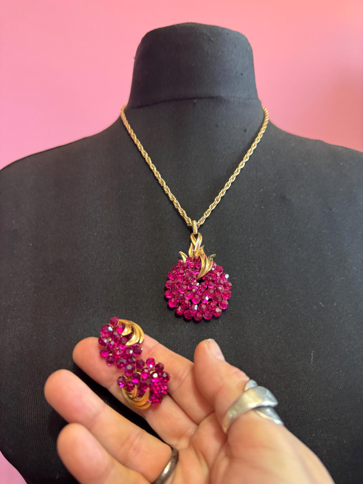 Vintage Trifari Jewelry Set, Pink Briolette Pendant Clip Earrings