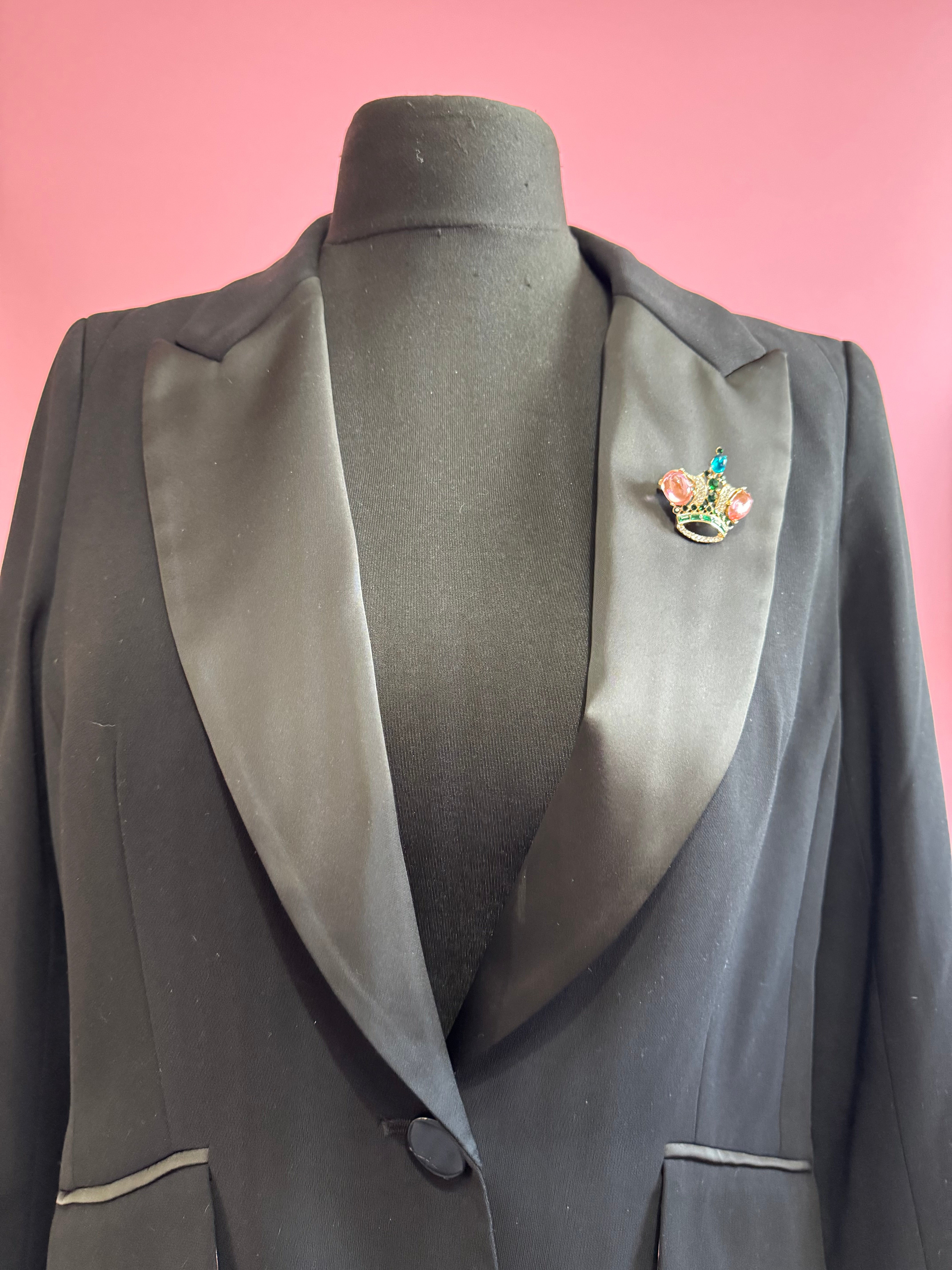 Royal crown brooch set with pink cabochons and coloured rhinestones