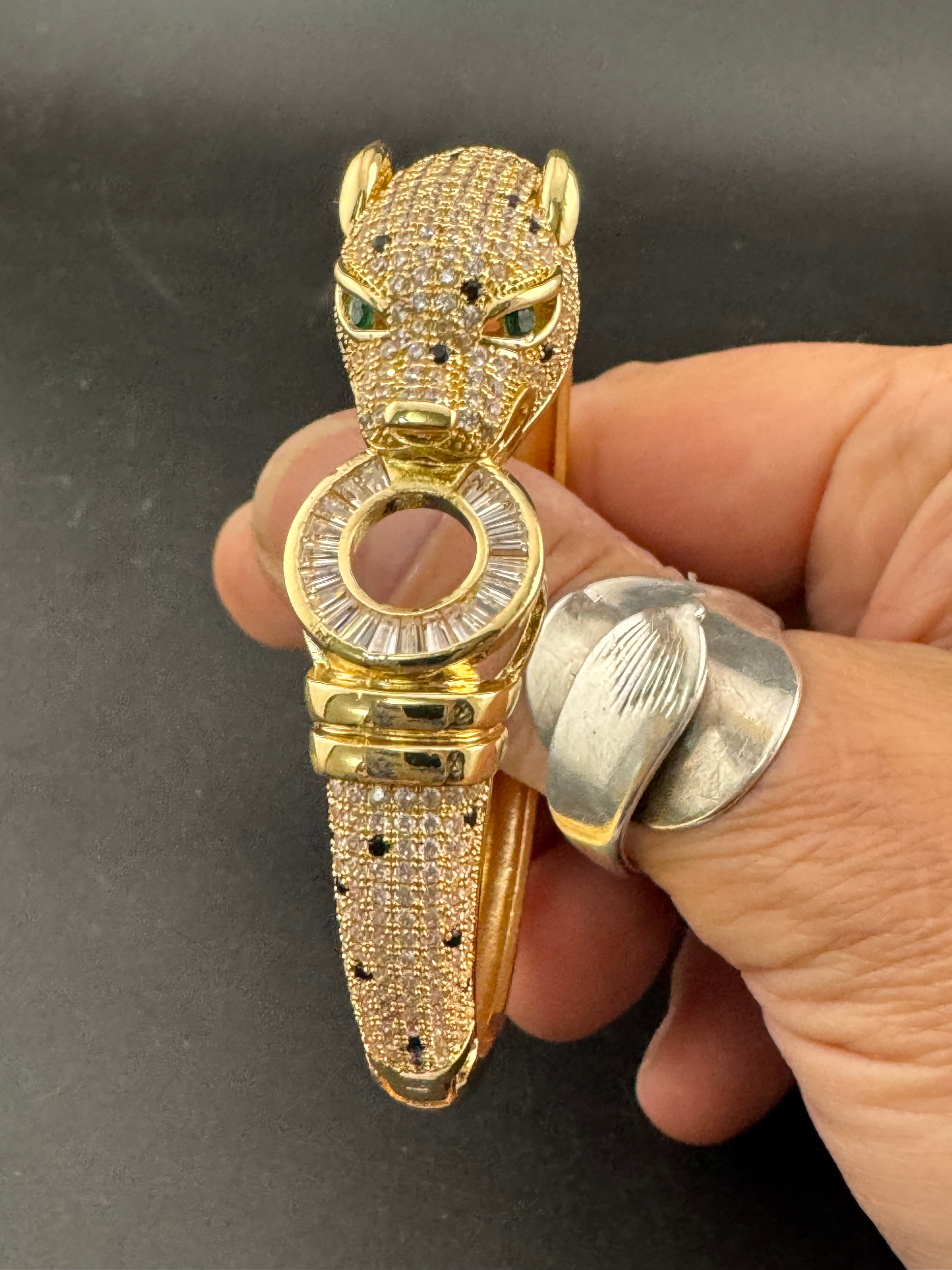 Classic big cat gold baguette rhinestone Crystal Leopard clamper Bangle Animal Bracelets