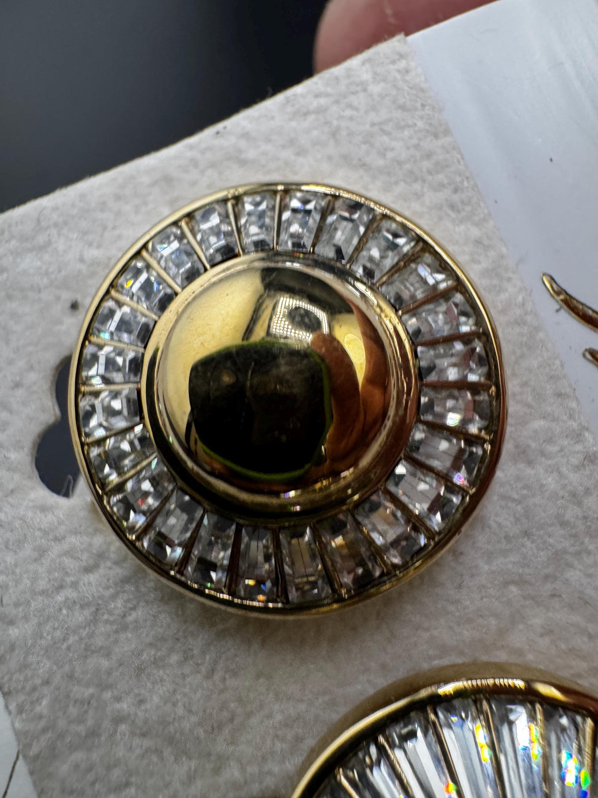 Grosse Clip On Earrings, Clear Baguette Rhinestone Round, Gold Plated