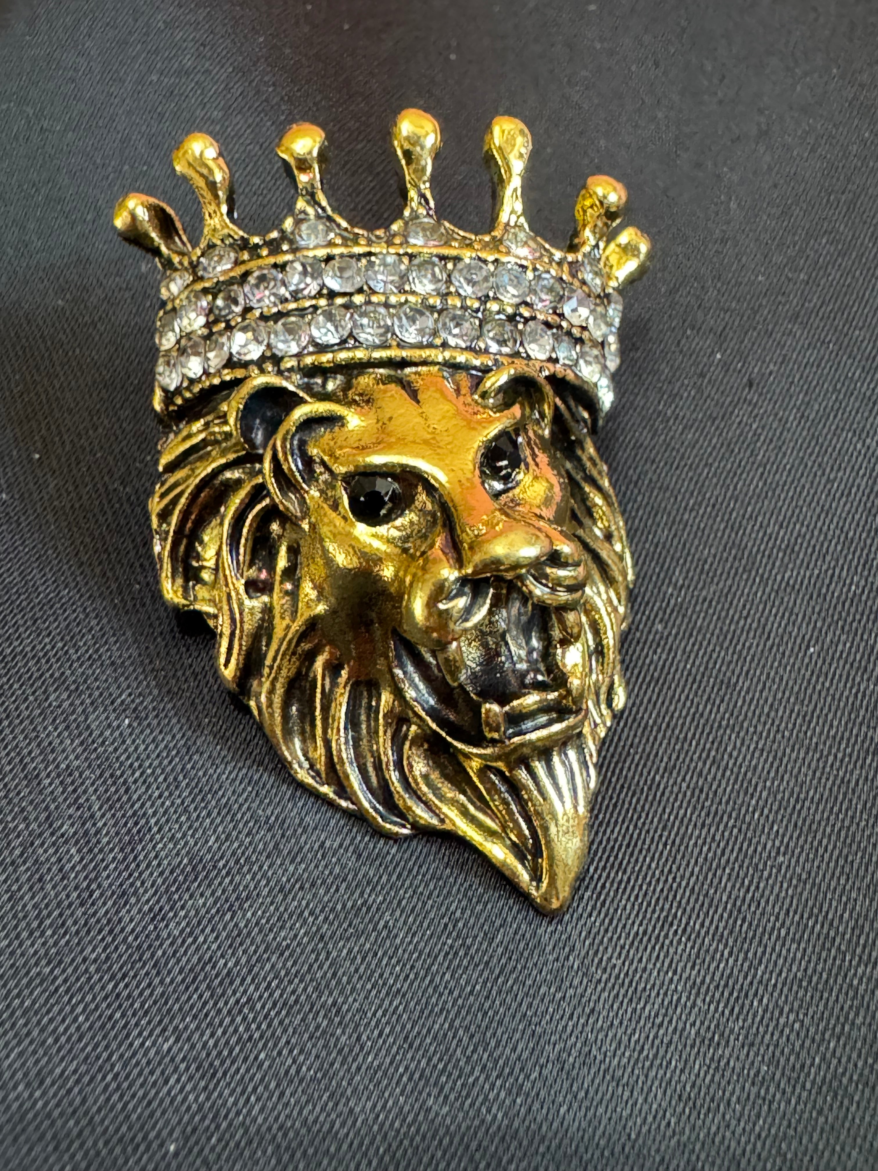 Crystal royal crown gold lion brooch, antique gold tone