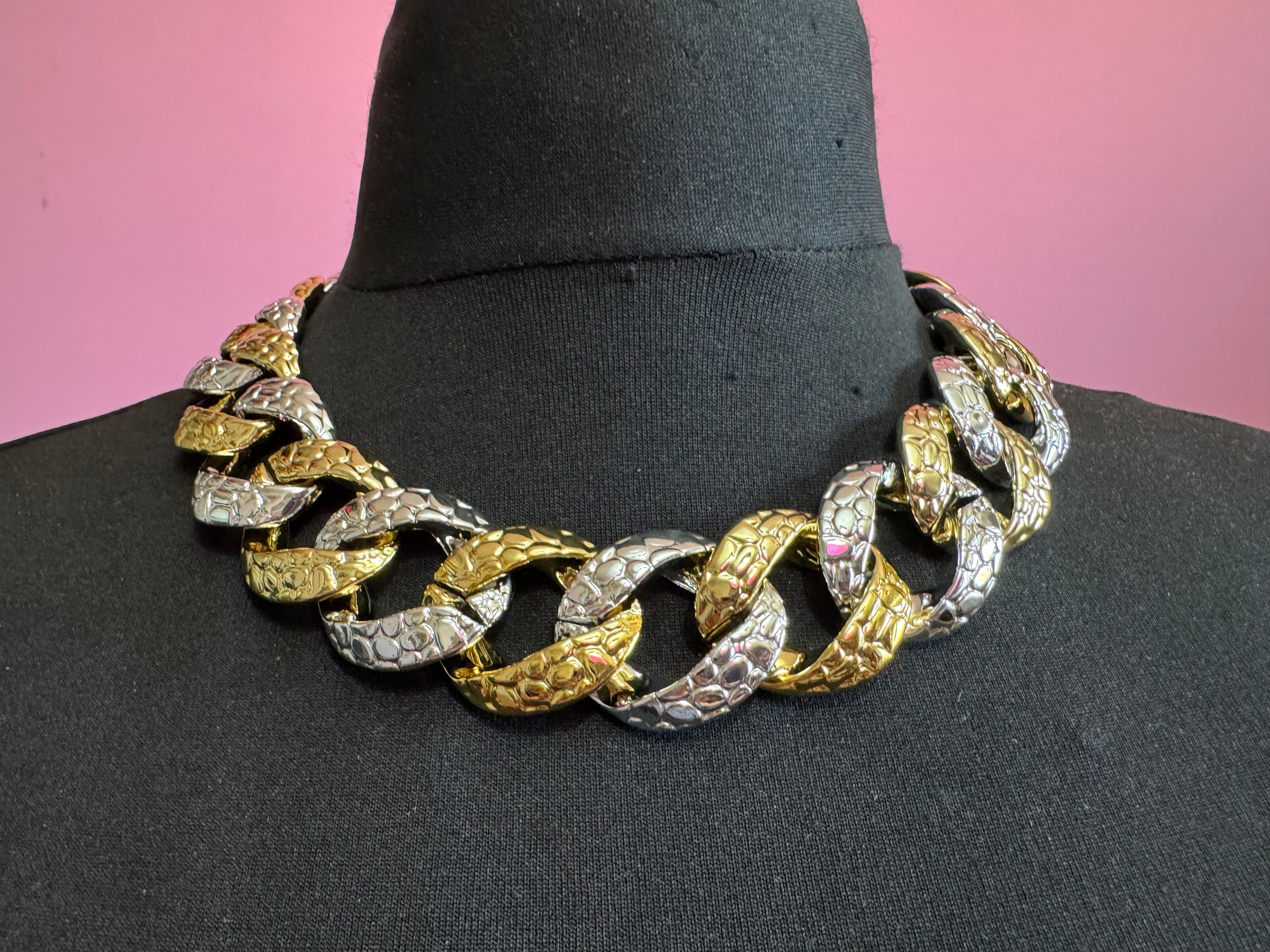 Chunky acrylic gold and silver curb link choker necklace, oversized jewellery