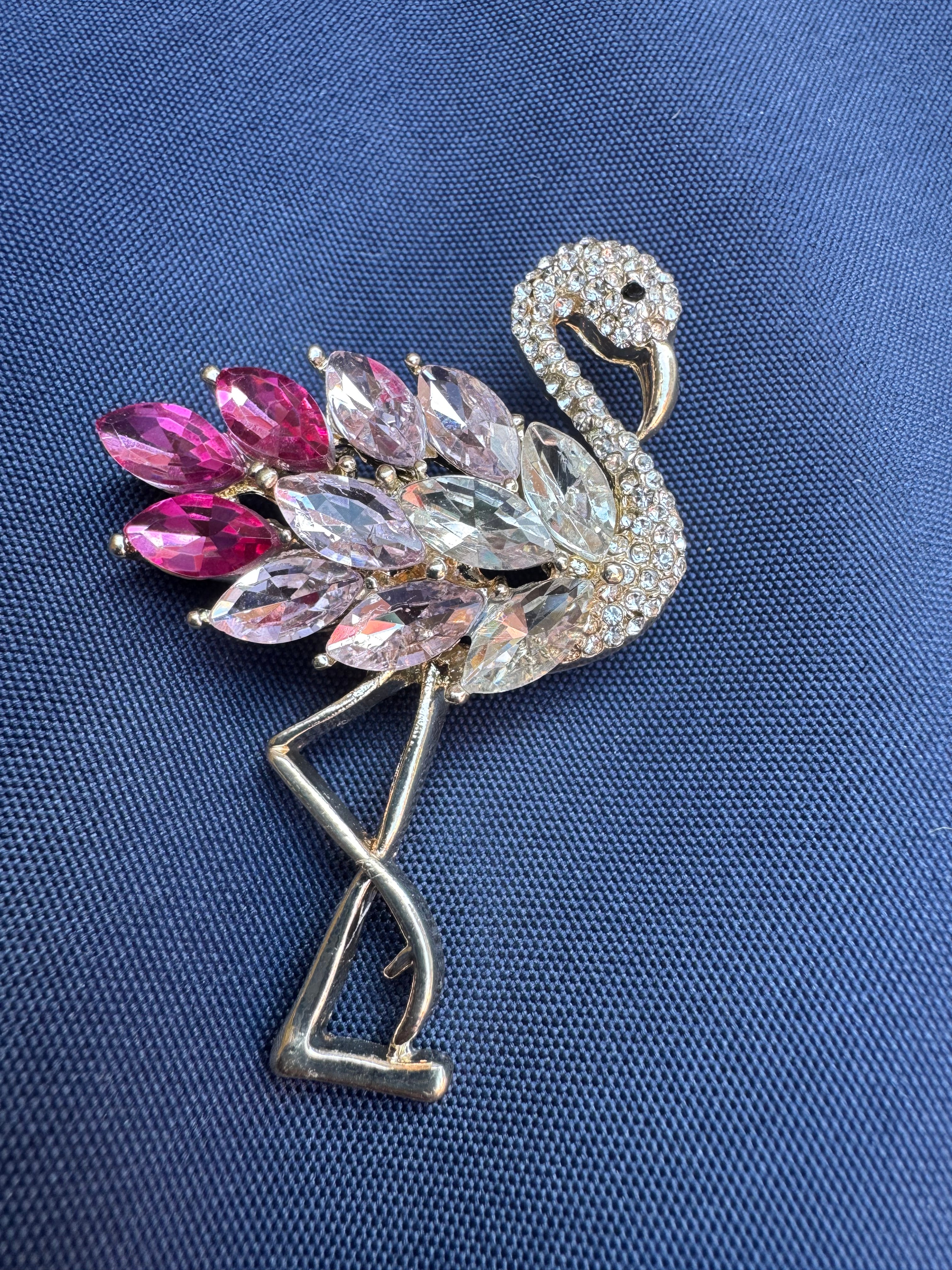 Pink crystal flamingo brooch , silver tone