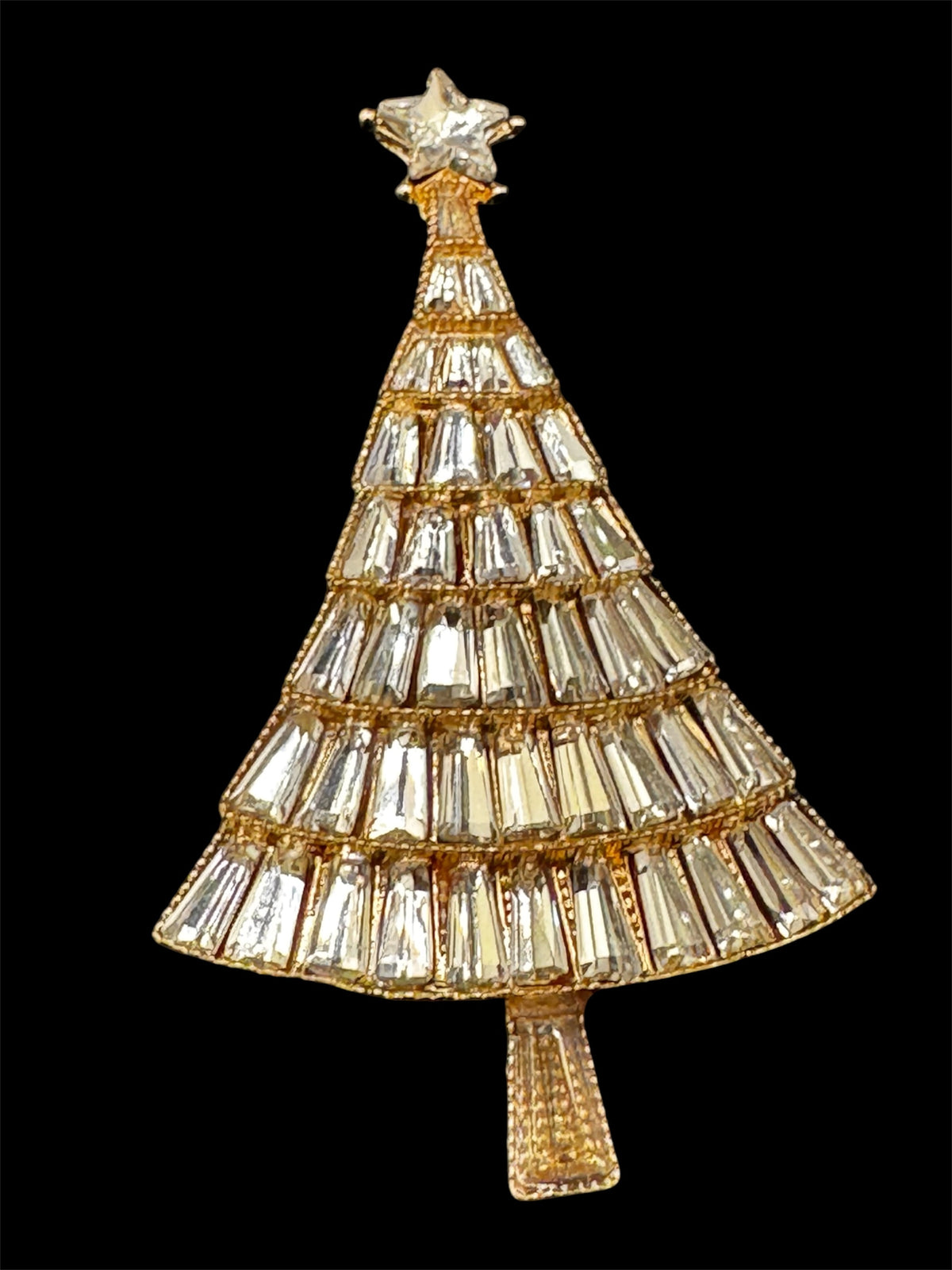 Rhinestone Christmas tree brooch, gold tone , festive jewellery