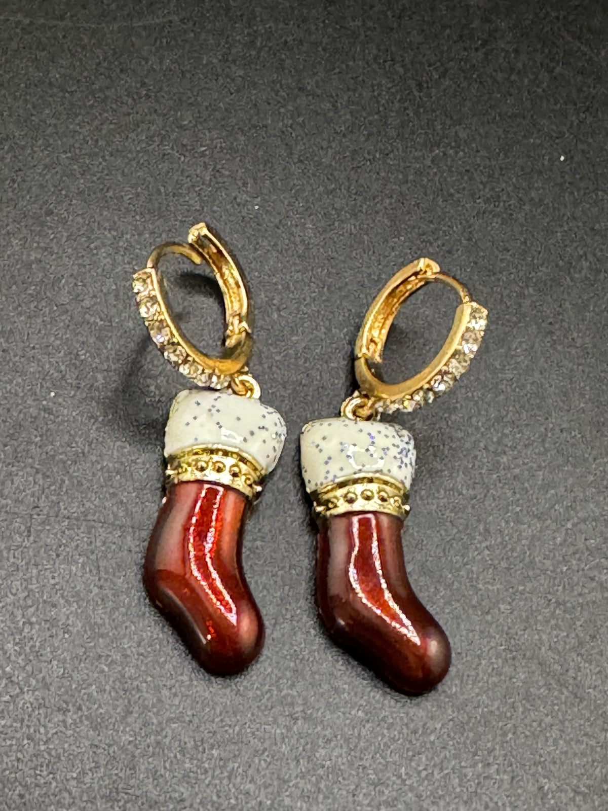 Red enamel rhinestone Christmas stockings earrings, festive jewellery, gift for her