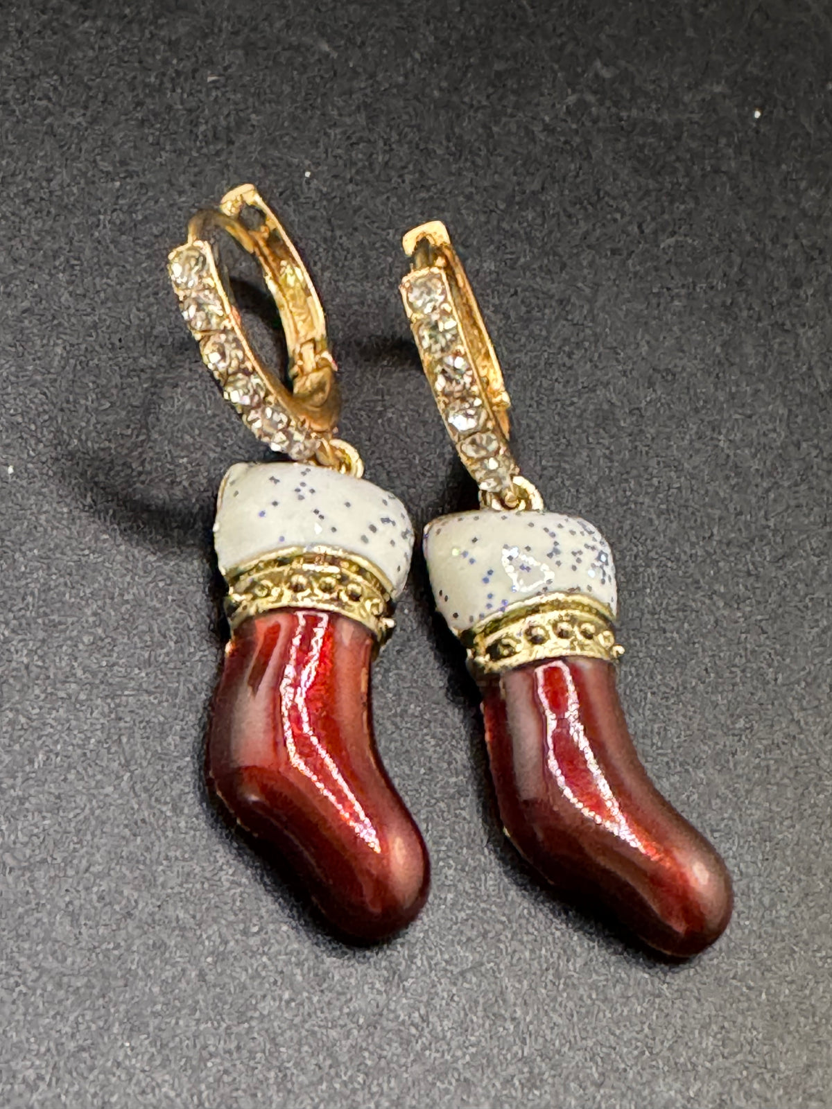 Red enamel rhinestone Christmas stockings earrings, festive jewellery, gift for her