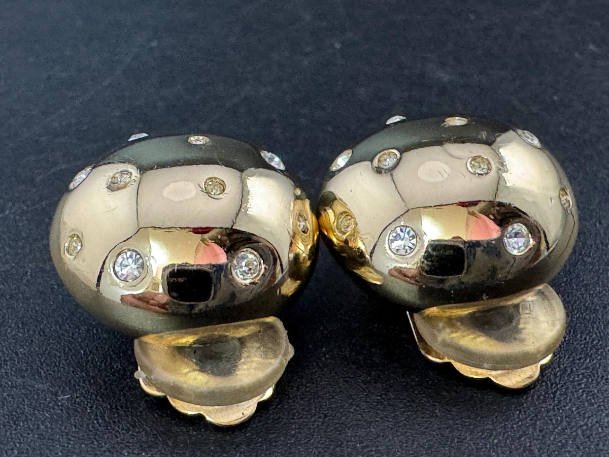 Grosse Clip On Earrings, Gold Plated Domed Rhinestone Vintage Studs