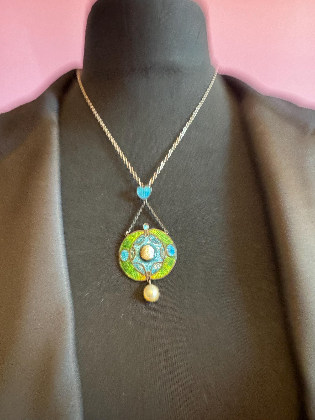 Art Nouveau Enamel Necklace, Antique Silver Pearl Guilloche Drop
