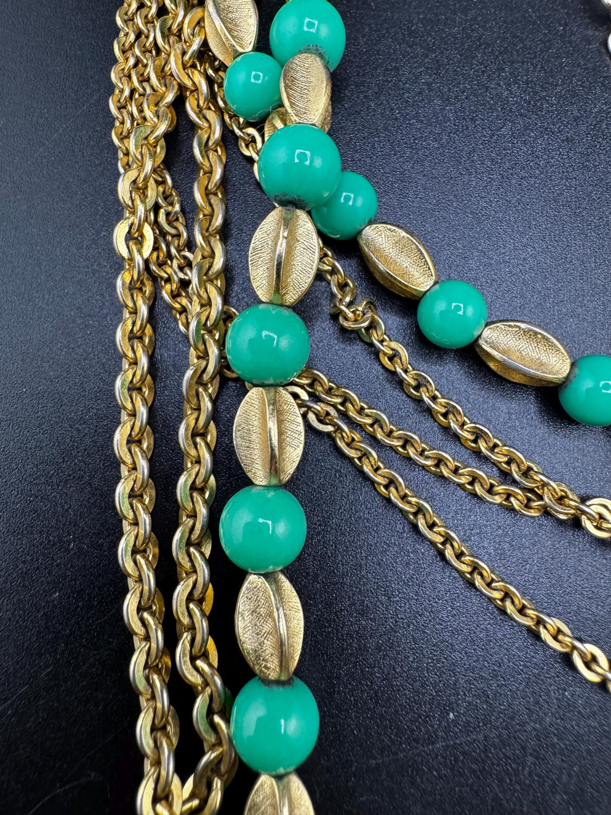 Vintage Crown Trifari Necklace, Green Beaded Multistrand, 1950s
