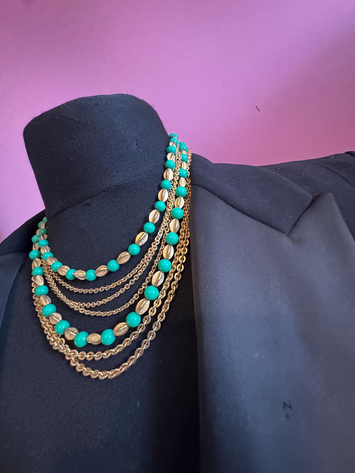 Vintage Crown Trifari Necklace, Green Beaded Multistrand, 1950s