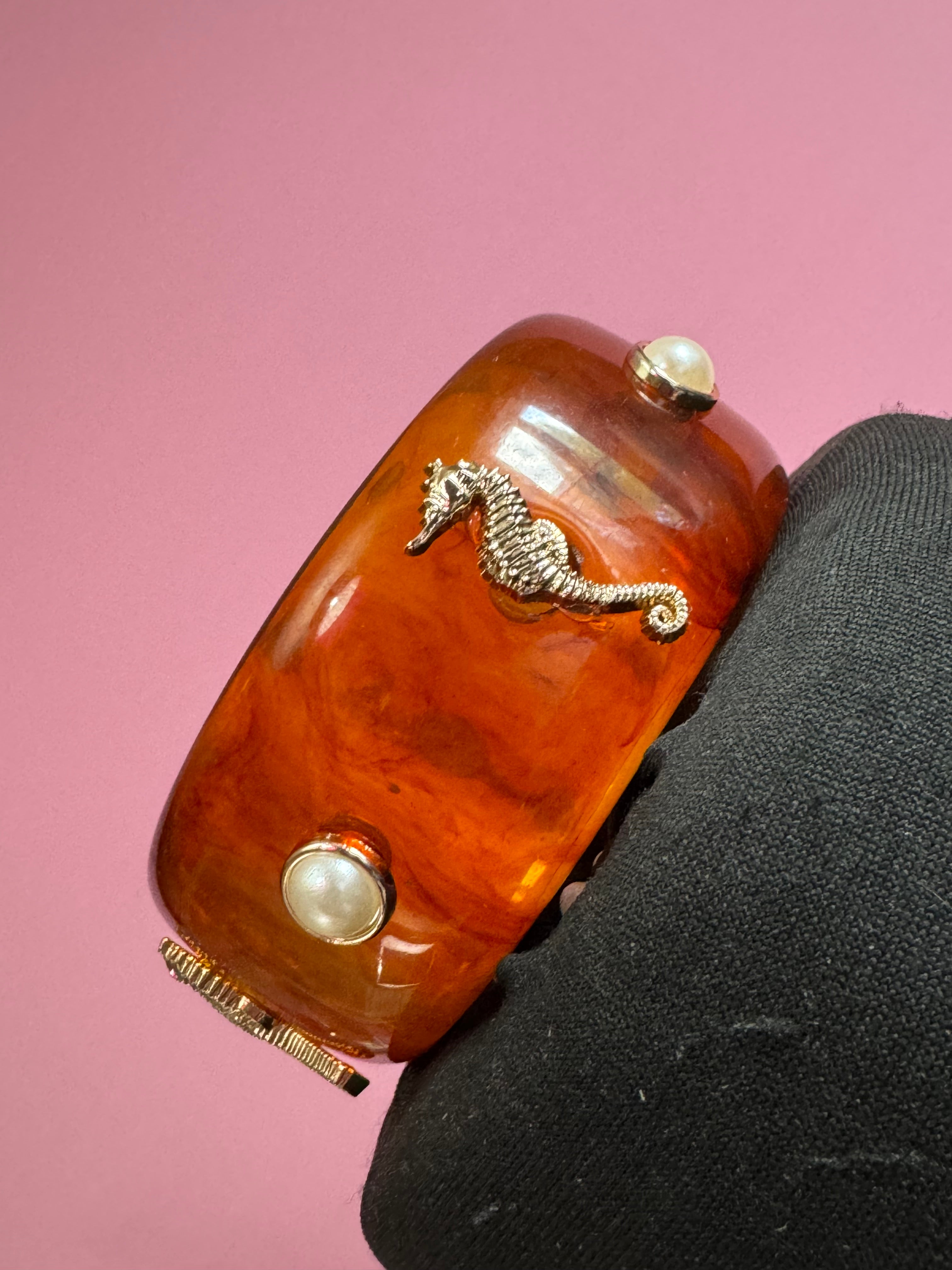 Nautical gold seahorse faux tortoiseshell wide brown acrylic pearl plastic bangle bracelet