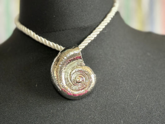 Oversized silver seashell ammonite nautical shell necklace on white cord