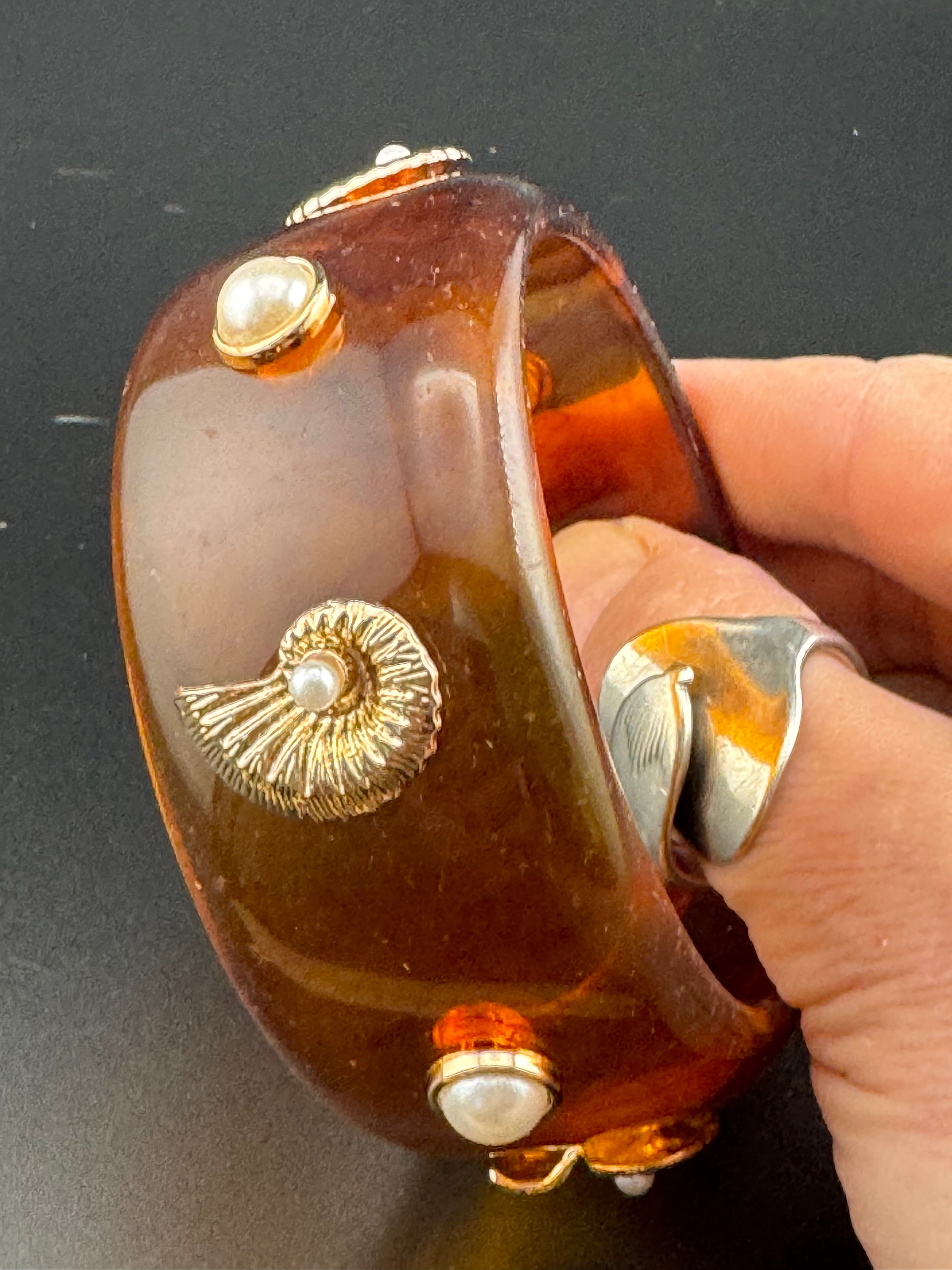 Nautical gold ammonite faux tortoiseshell wide brown acrylic pearl plastic bangle bracelet