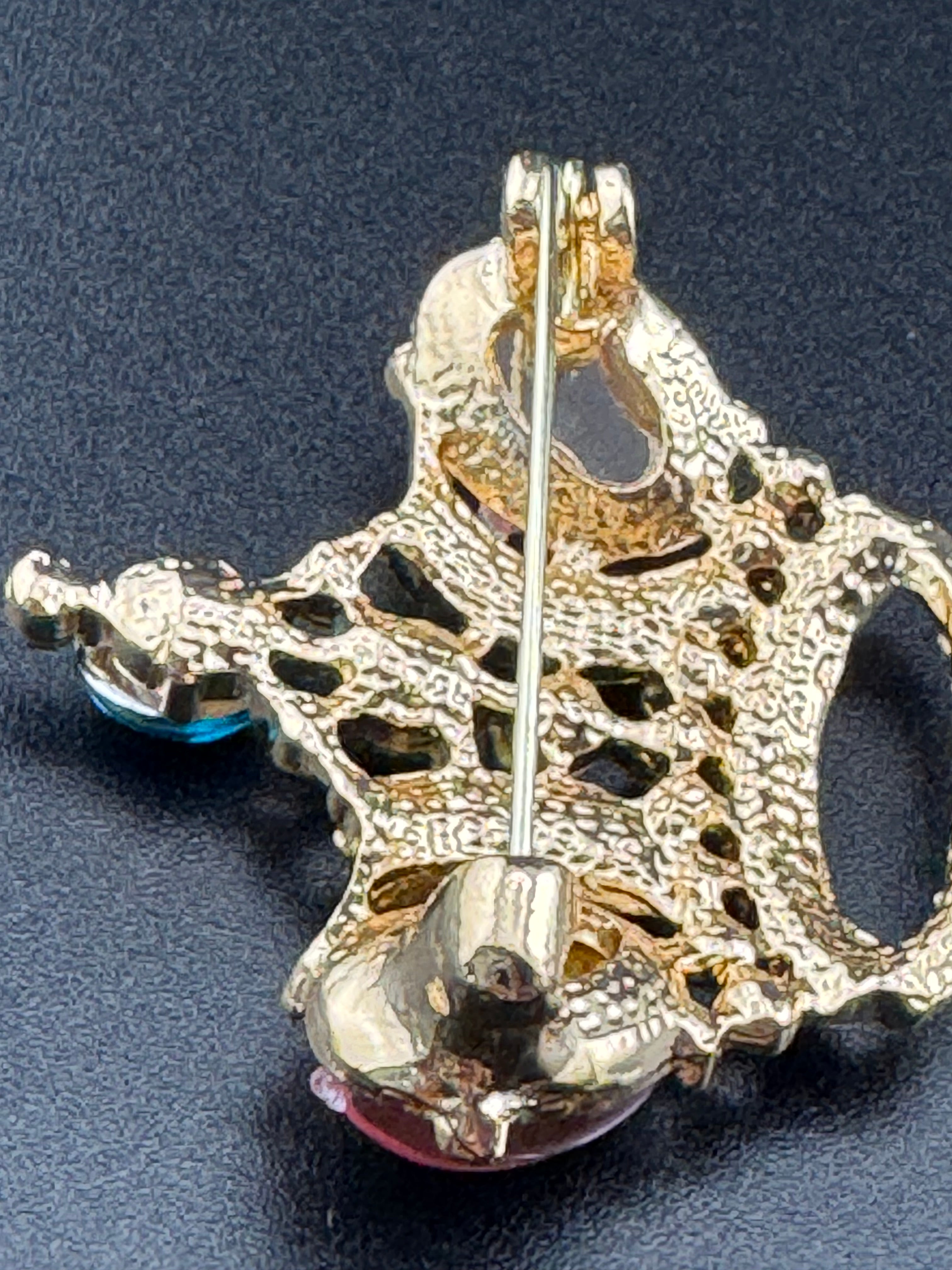Royal crown brooch set with pink cabochons and coloured rhinestones