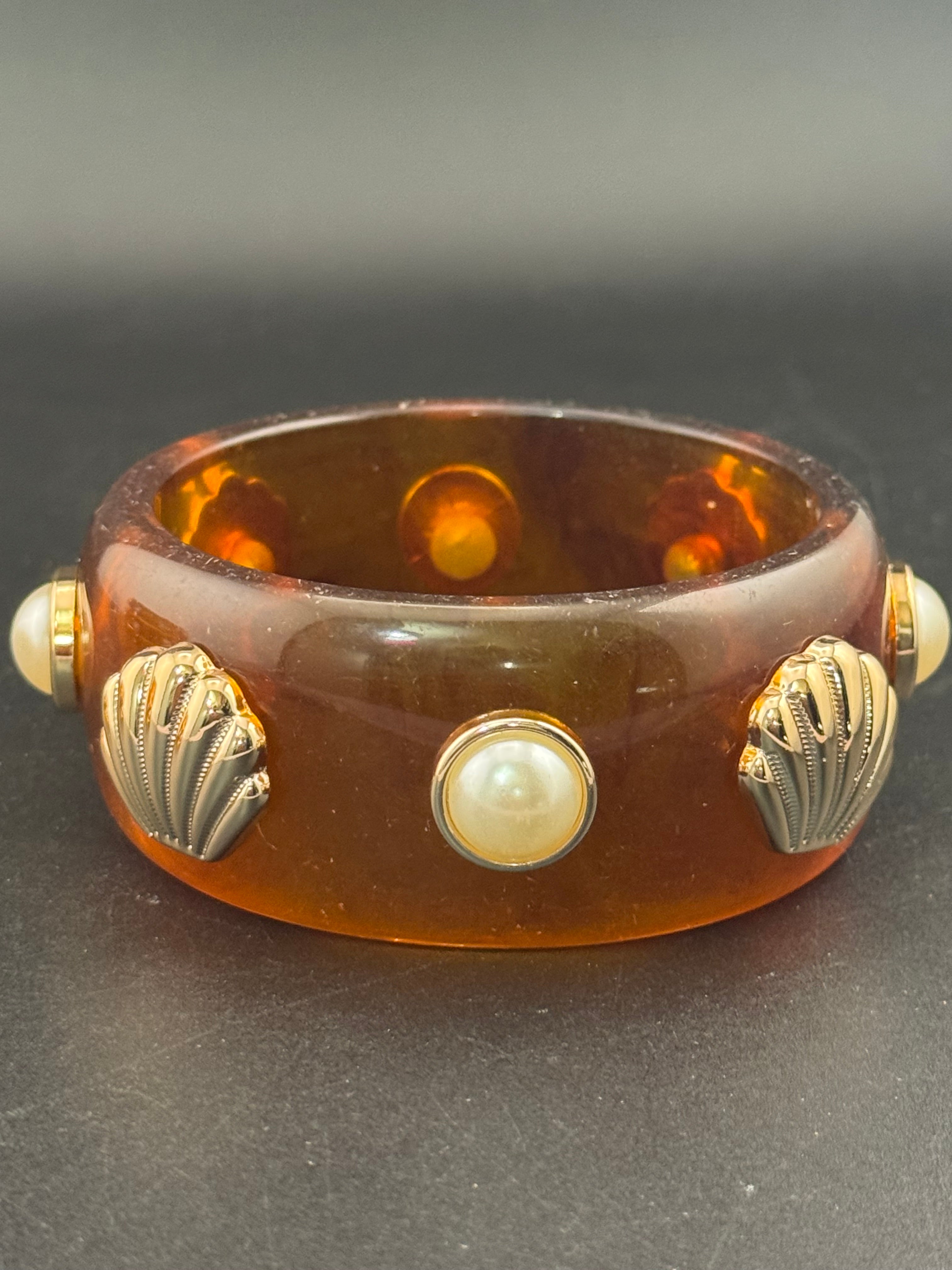 Nautical gold seashell faux tortoiseshell wide brown acrylic pearl plastic bangle bracelet