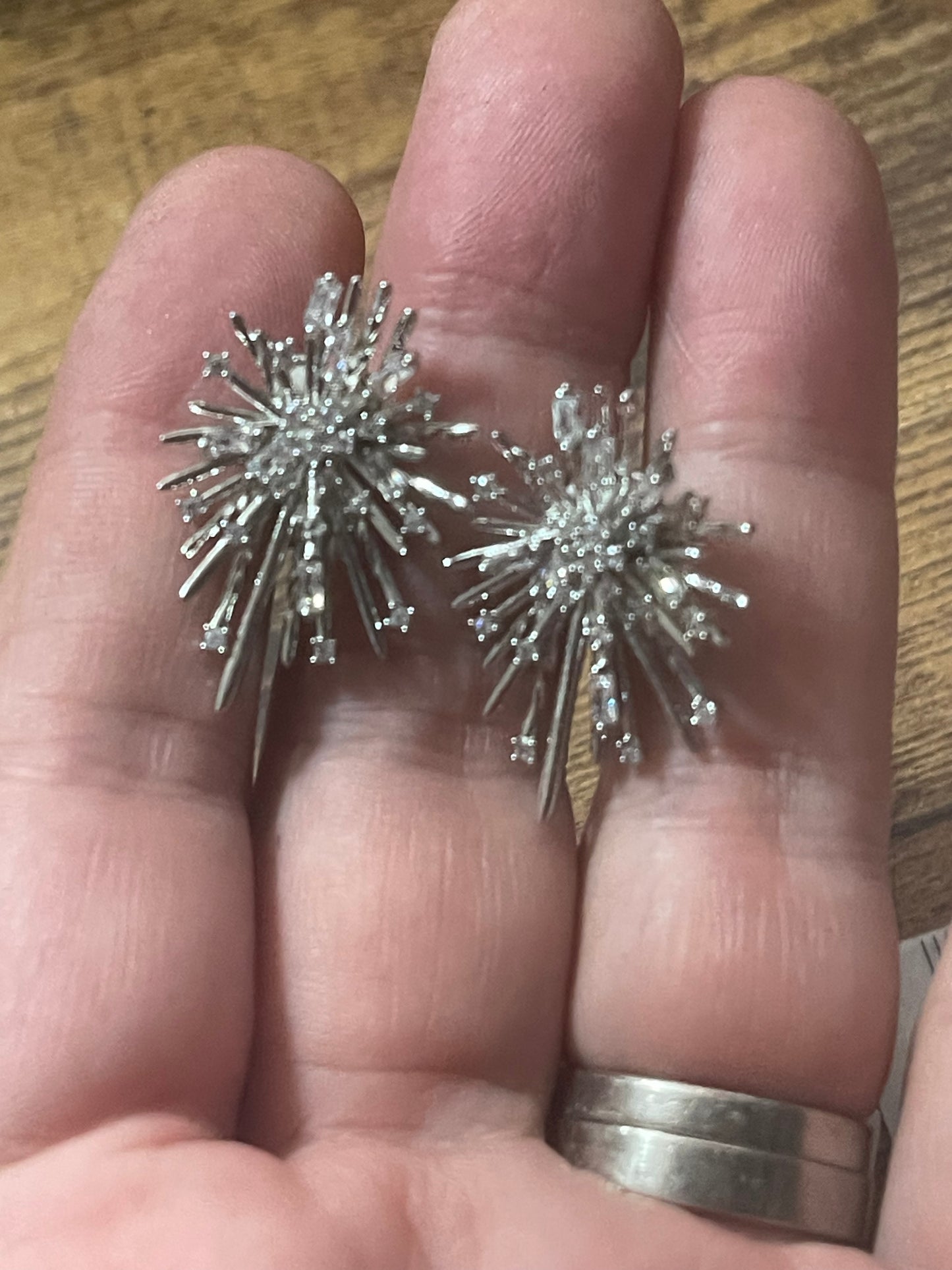 Modernist brutalist style silver diamanté  atomic starburst clip on earrings