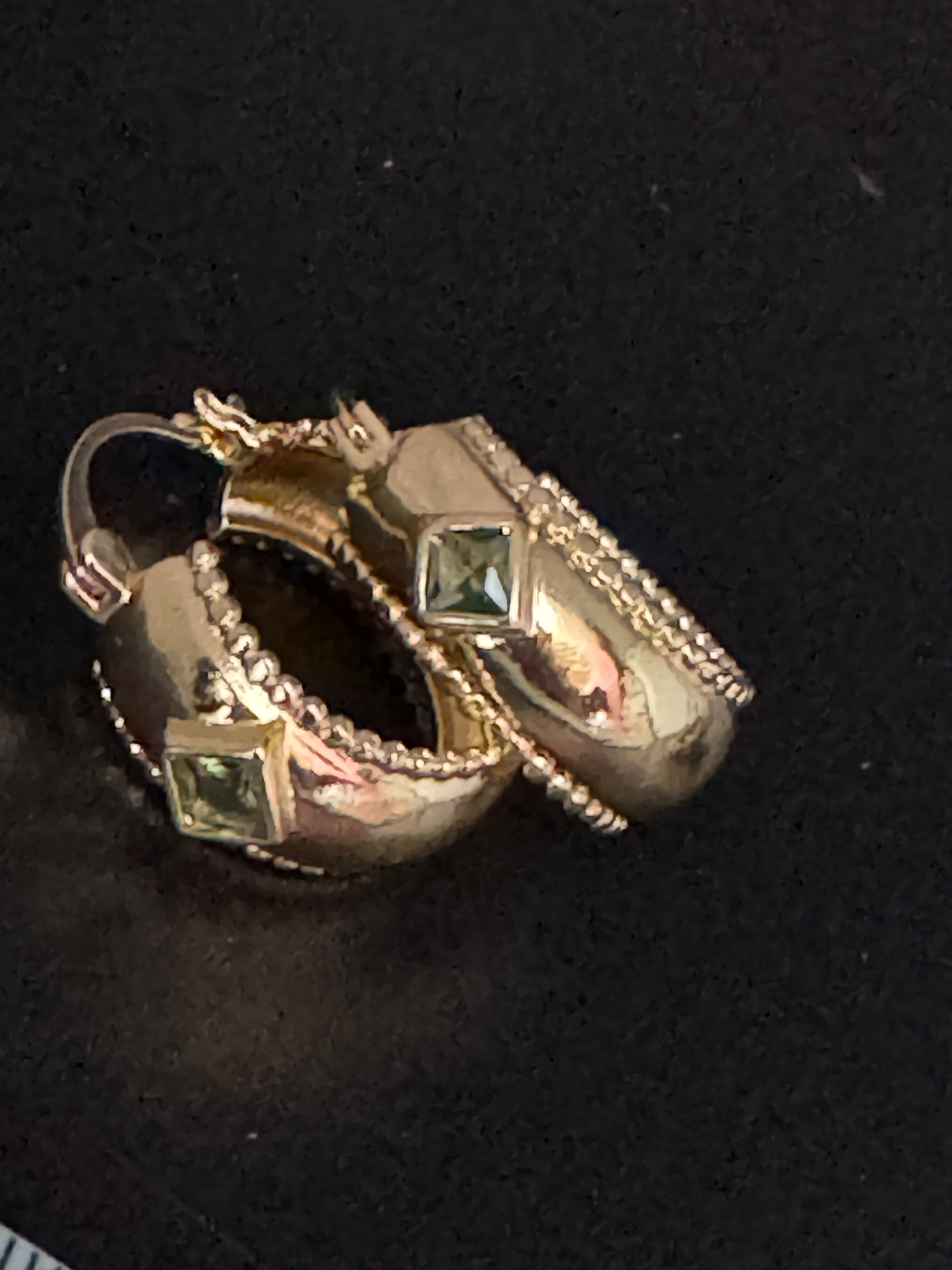 Wide crystal gold hoop earrings with pink emerald and tourmaline crystals