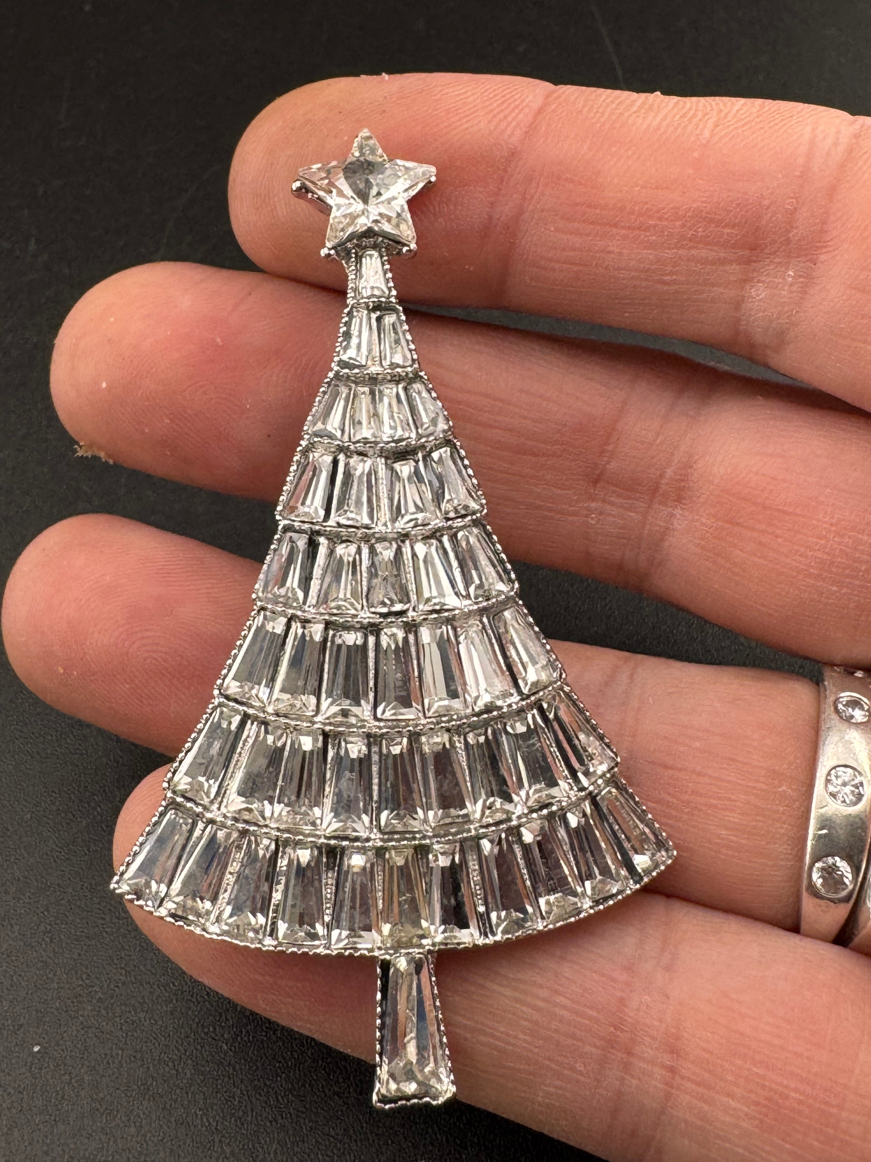 Baguette Crystal diamanté Christmas tree brooch, silver