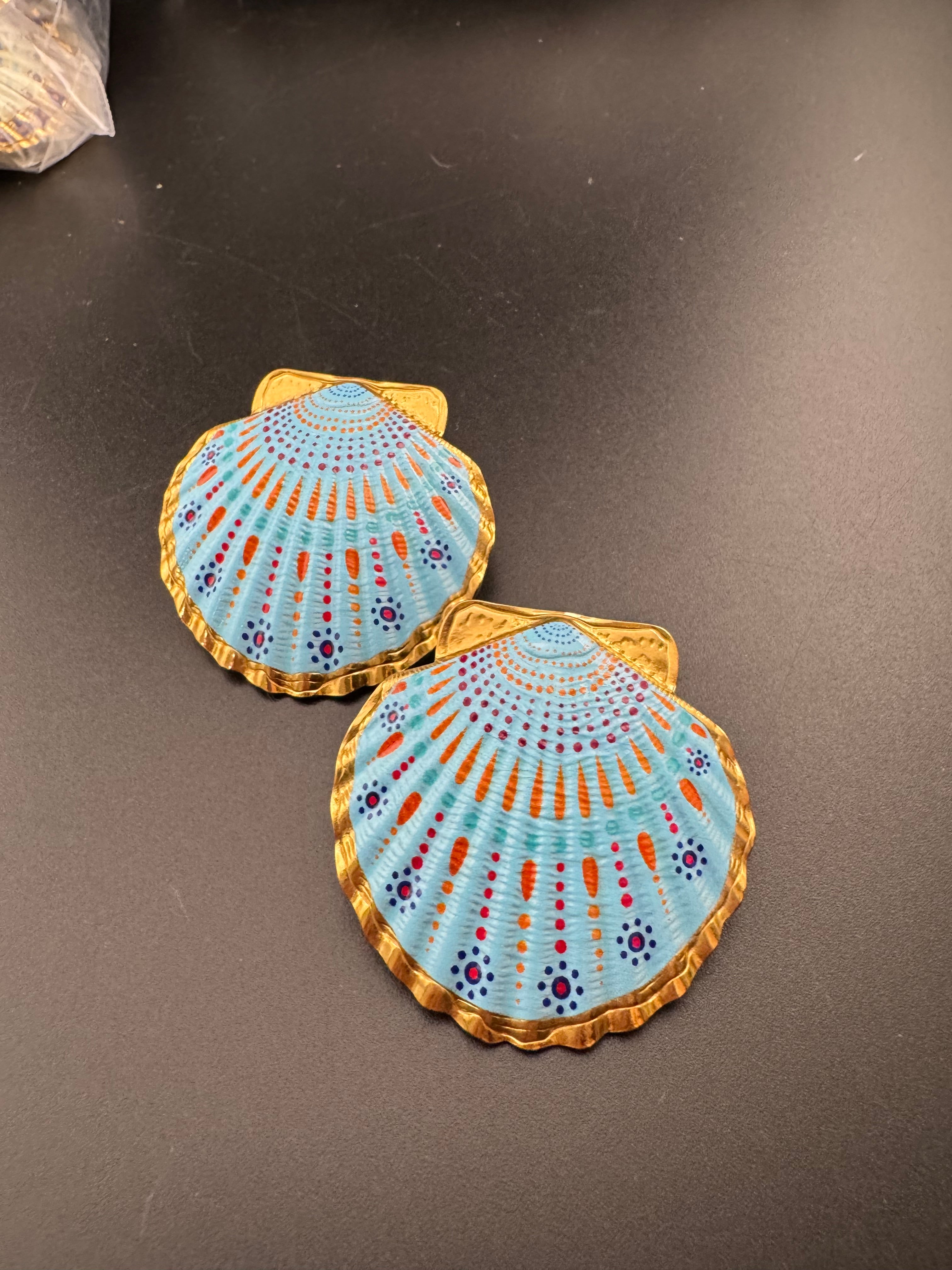Oversized sea shell enamel earrings for pierced ears turquoise and white