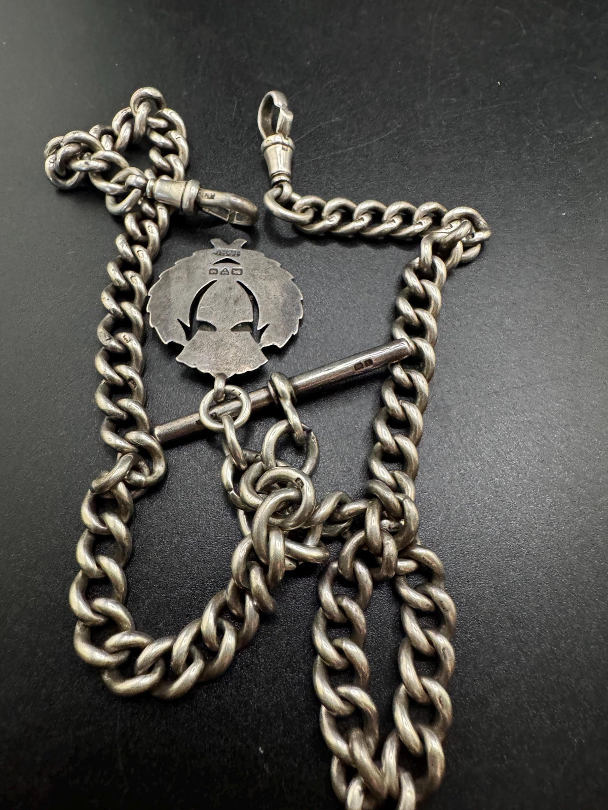Antique Silver Albert Chain, 925 Sterling Double Watch Chain 41Cm